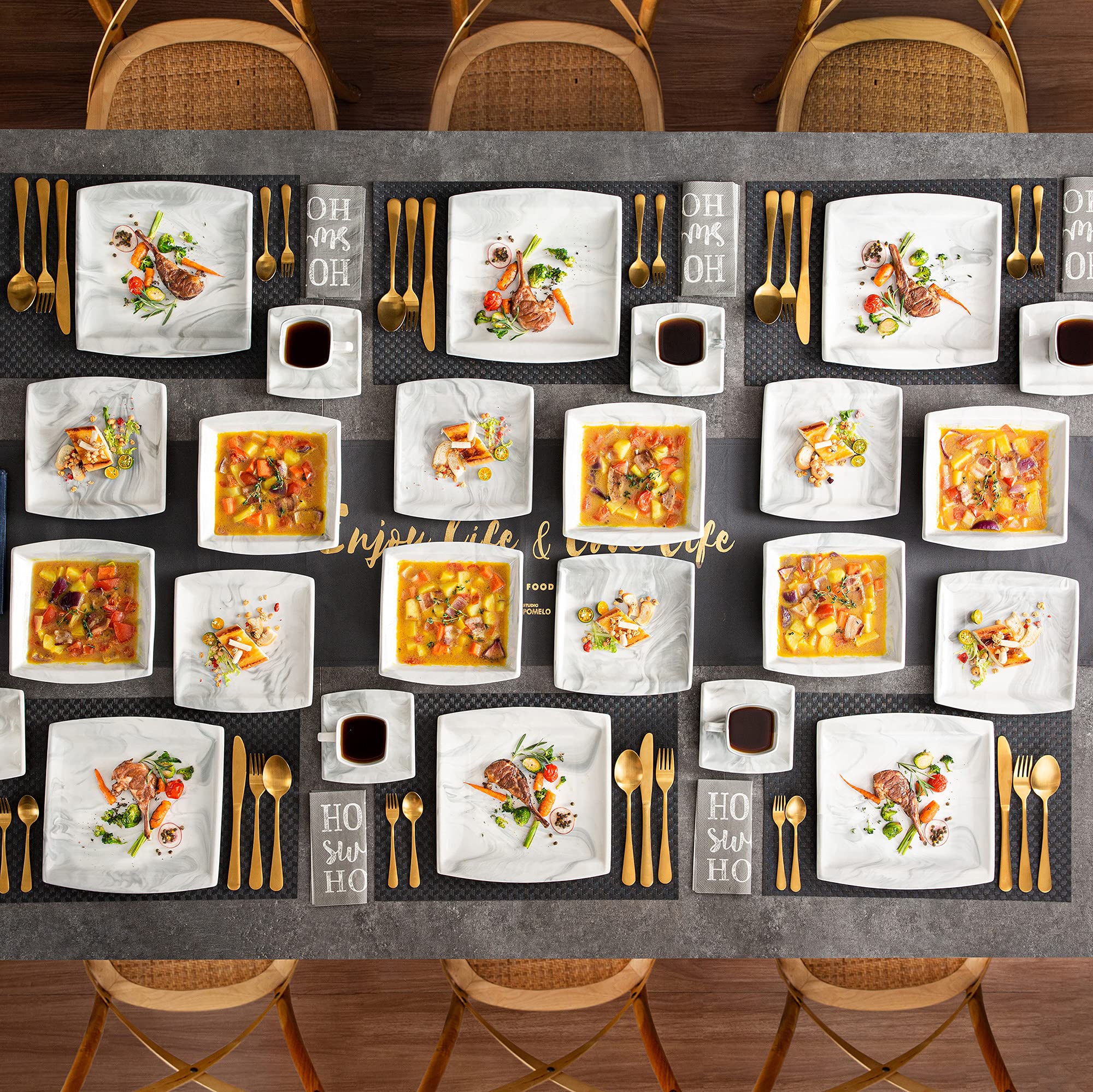 MALACASA 30-Piece Square Porcelain Dinnerware Set for 6 - Marble Grey Plates & Bowls with Dinner Plates, Dessert Plates, Soup Bowls, Cups & Saucers | Dishwasher & Microwave Safe, Blance Series | Perfect for Family Dinners, Dinner Parties & Restaurant Use