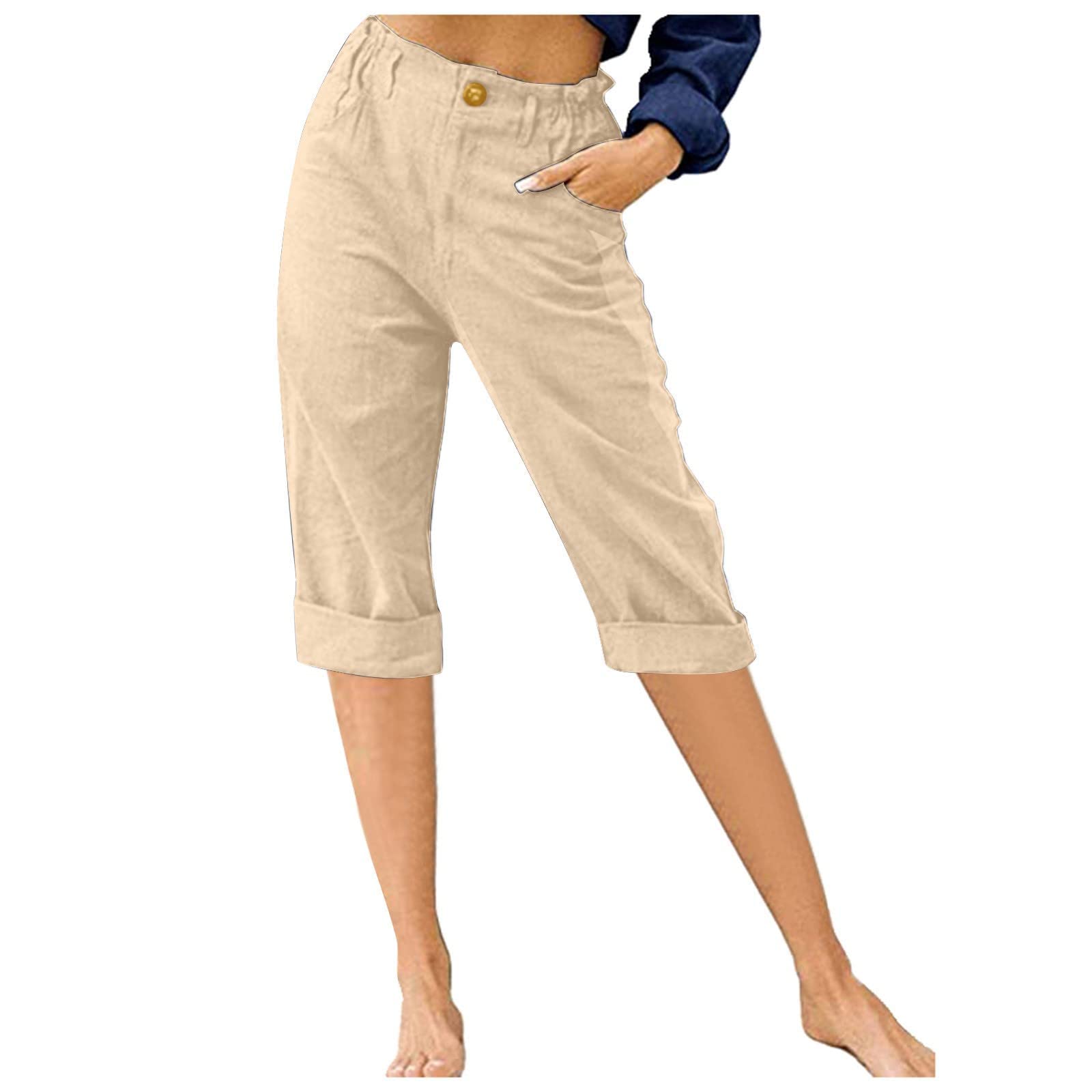 Women's Cotton Linen Shorts - Folded Hem, Elastic Waist for Summer Casual Wear