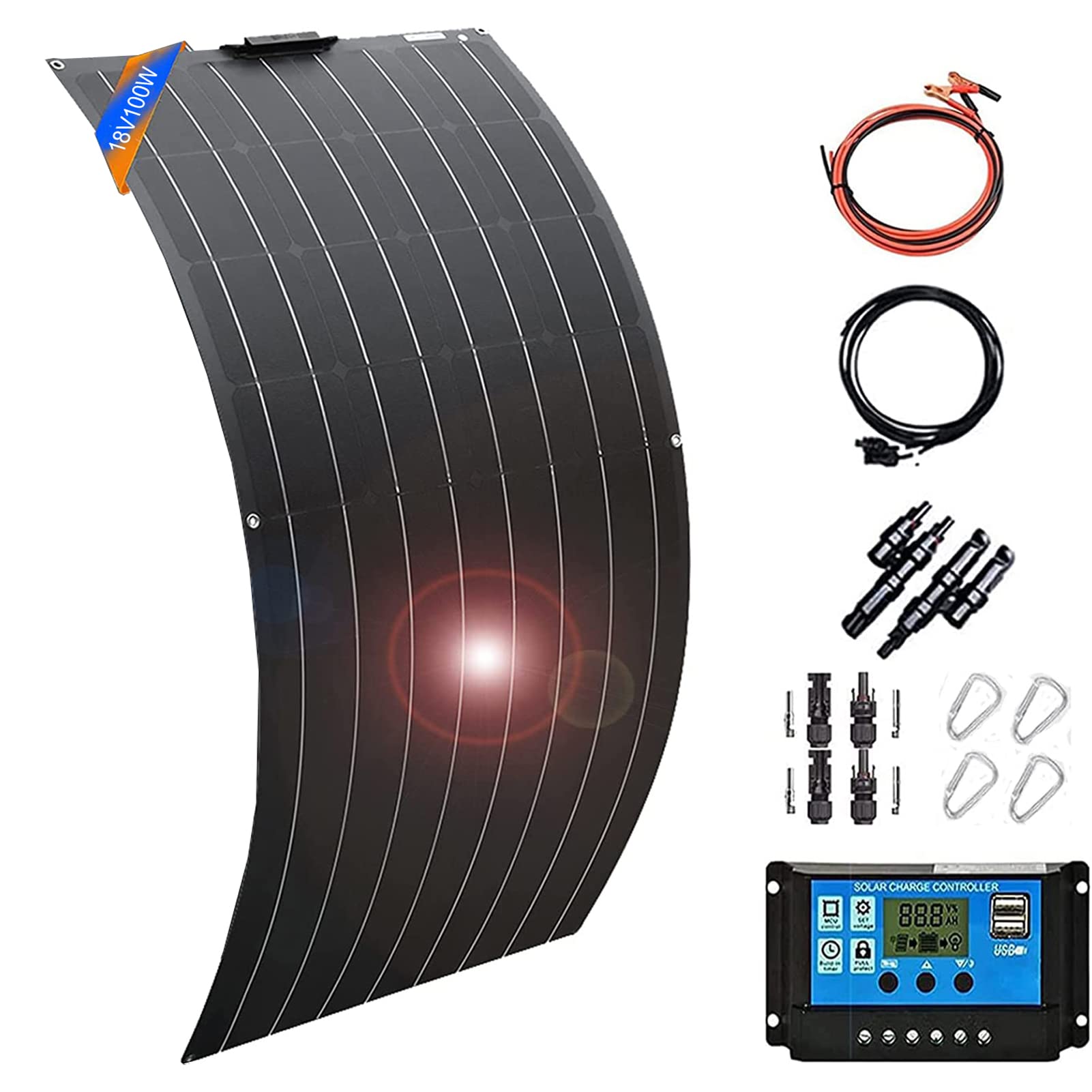 100W 18V ETFE Black Flexible Monocrystalline Solar Panel - Ultra Thin & Lightweight with 10A Controller - Perfect for Camping, RV, Boat, Tent & Off-Grid Power - Portable Solar Charger for Uneven Surfaces & Outdoor Adventures