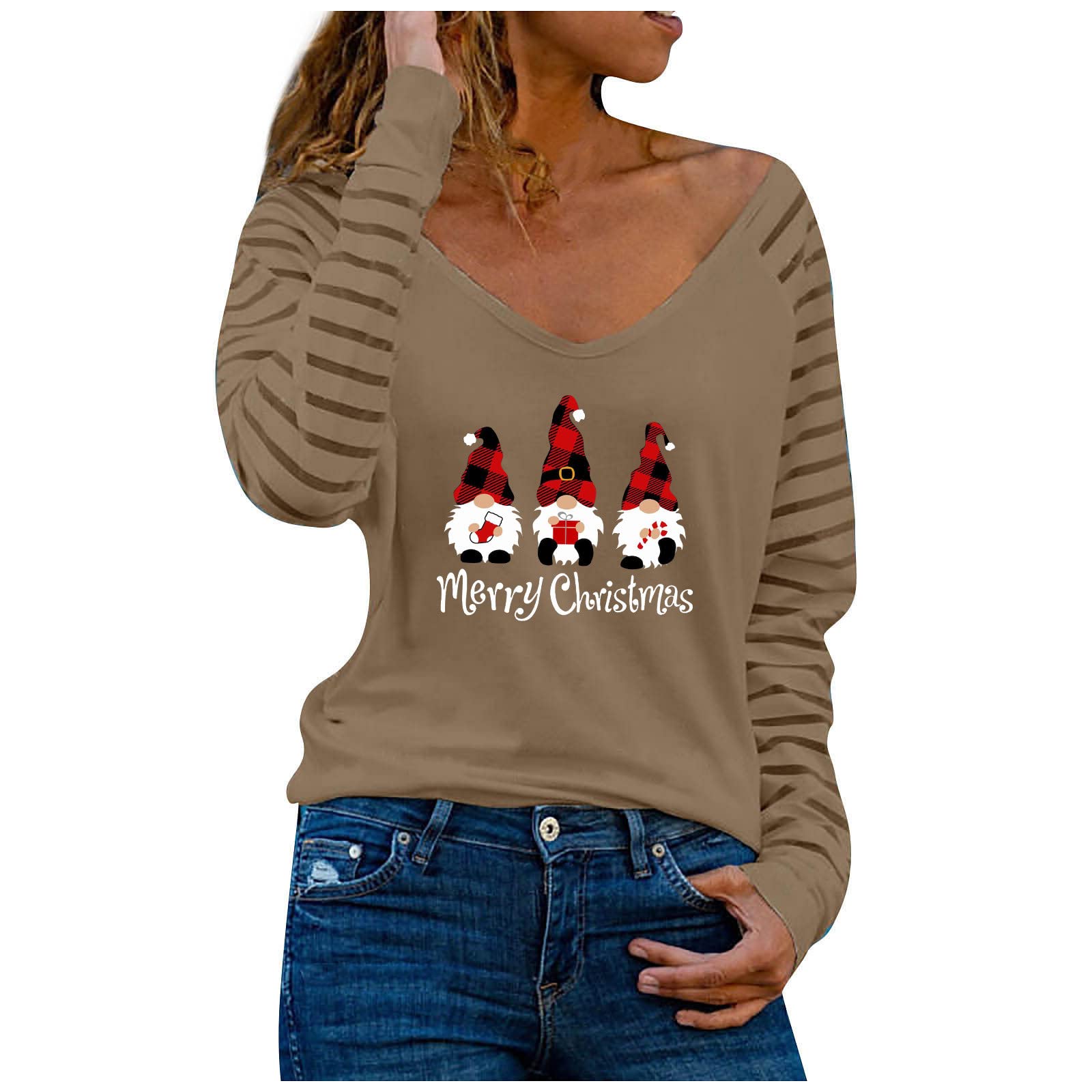Women's Casual V-Neck Long Sleeve T-Shirt - Christmas Striped Sheer Mesh Patchwork Cartoon Pullover Top for Holiday Parties & Winter Fashion