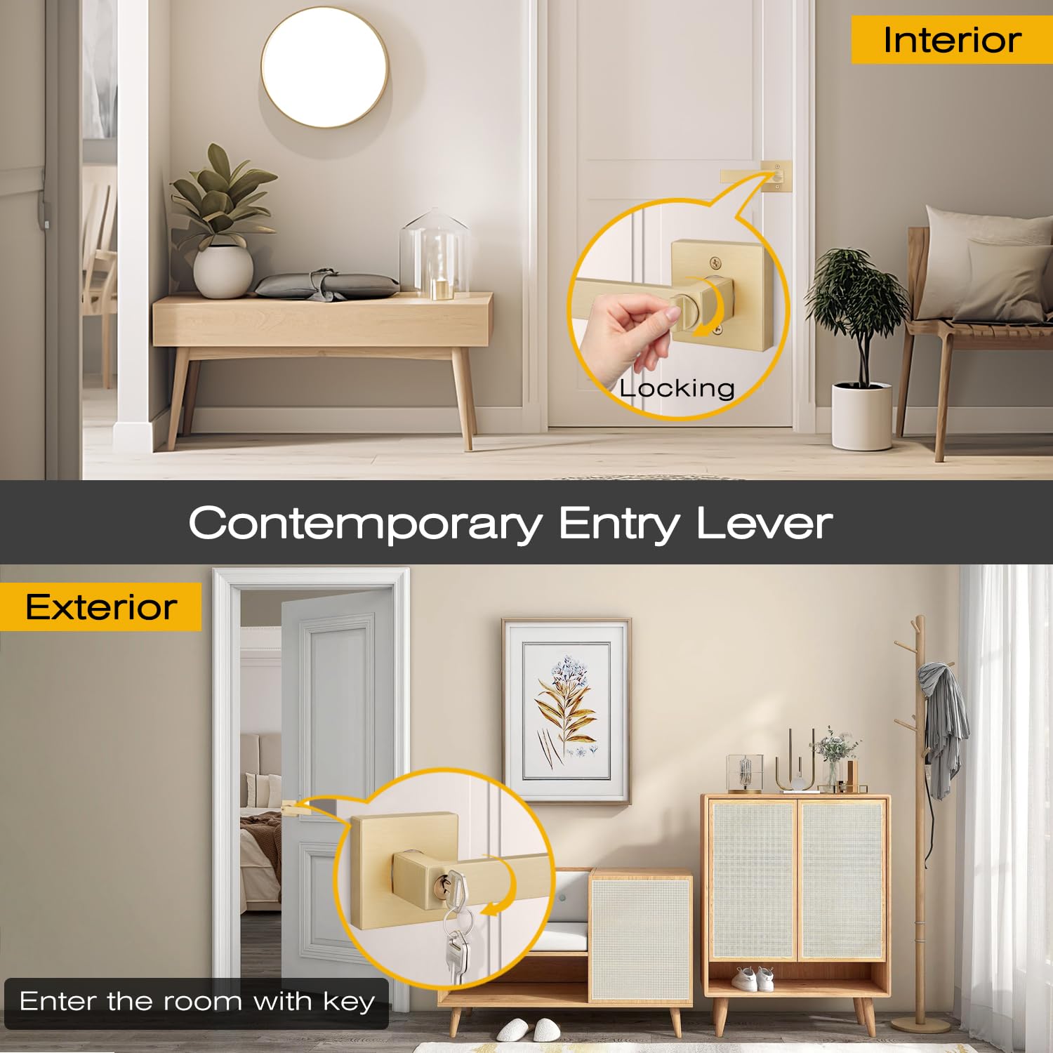 EHOMEWARE 4 Pack Keyed Alike Entry Door Handles with Lock - Gold Door Lever Set for Indoor & Outdoor Use - Bedroom, Bathroom & Exterior Doors - Includes Keys for Home Security & Convenience