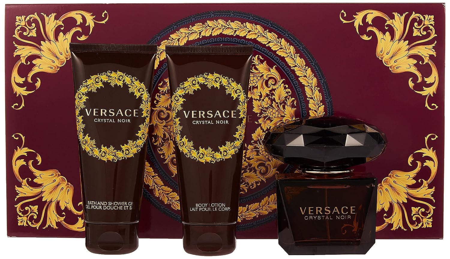 Versace Crystal Noir 4-Piece Gift Set for Women - Eau de Parfum, Body Lotion & Purse | Luxury Fragrance Gift Set for Her | Perfect for Birthday, Anniversary & Special Occasions