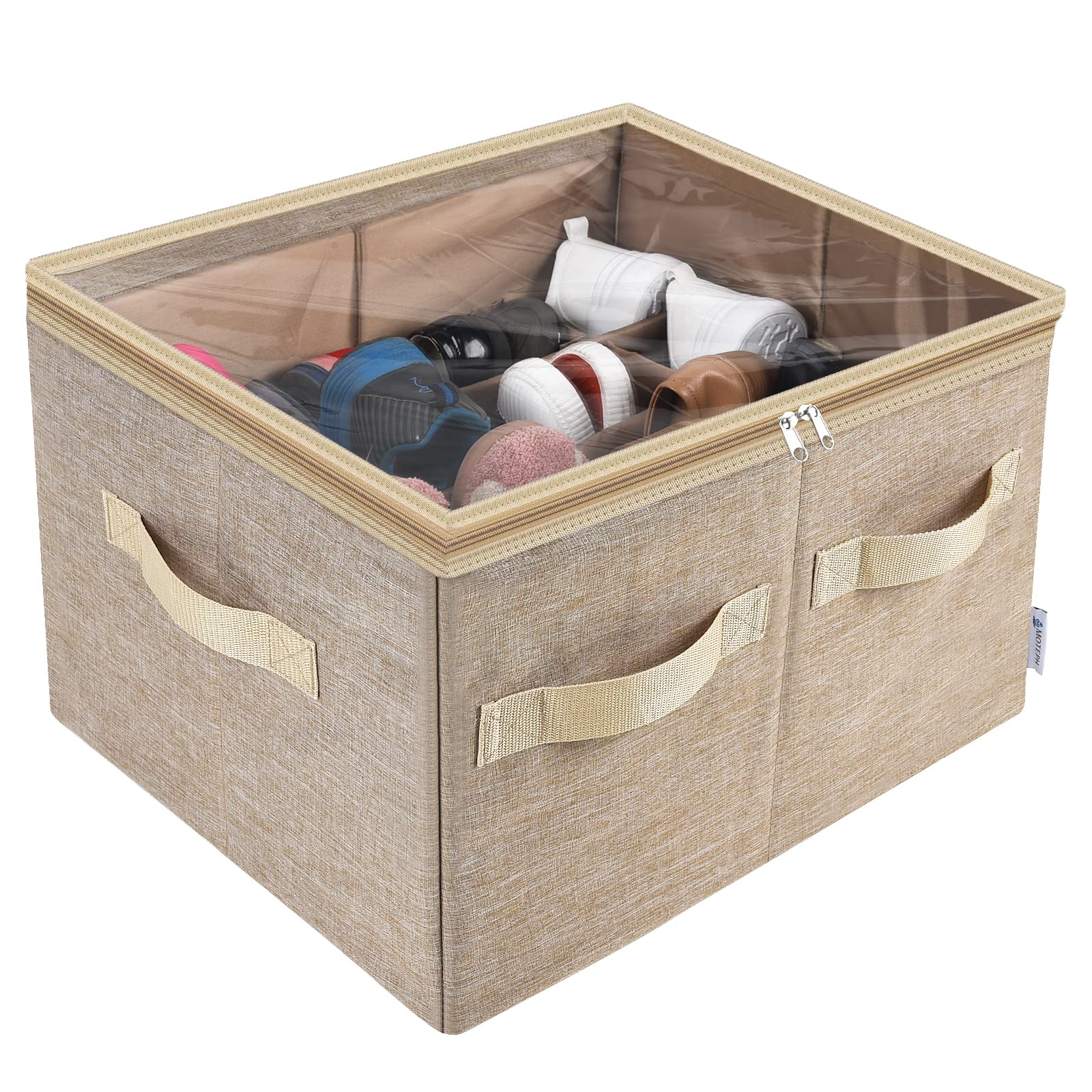 Moteph Shoe Organizer for Closet - 16 Pair Clear View Shoe Storage with Adjustable Dividers, Space Saving Closet Organizer & Shoe Rack Basket (Light Brown, Medium) - Perfect for Bedroom, Entryway, or Dorm Organization