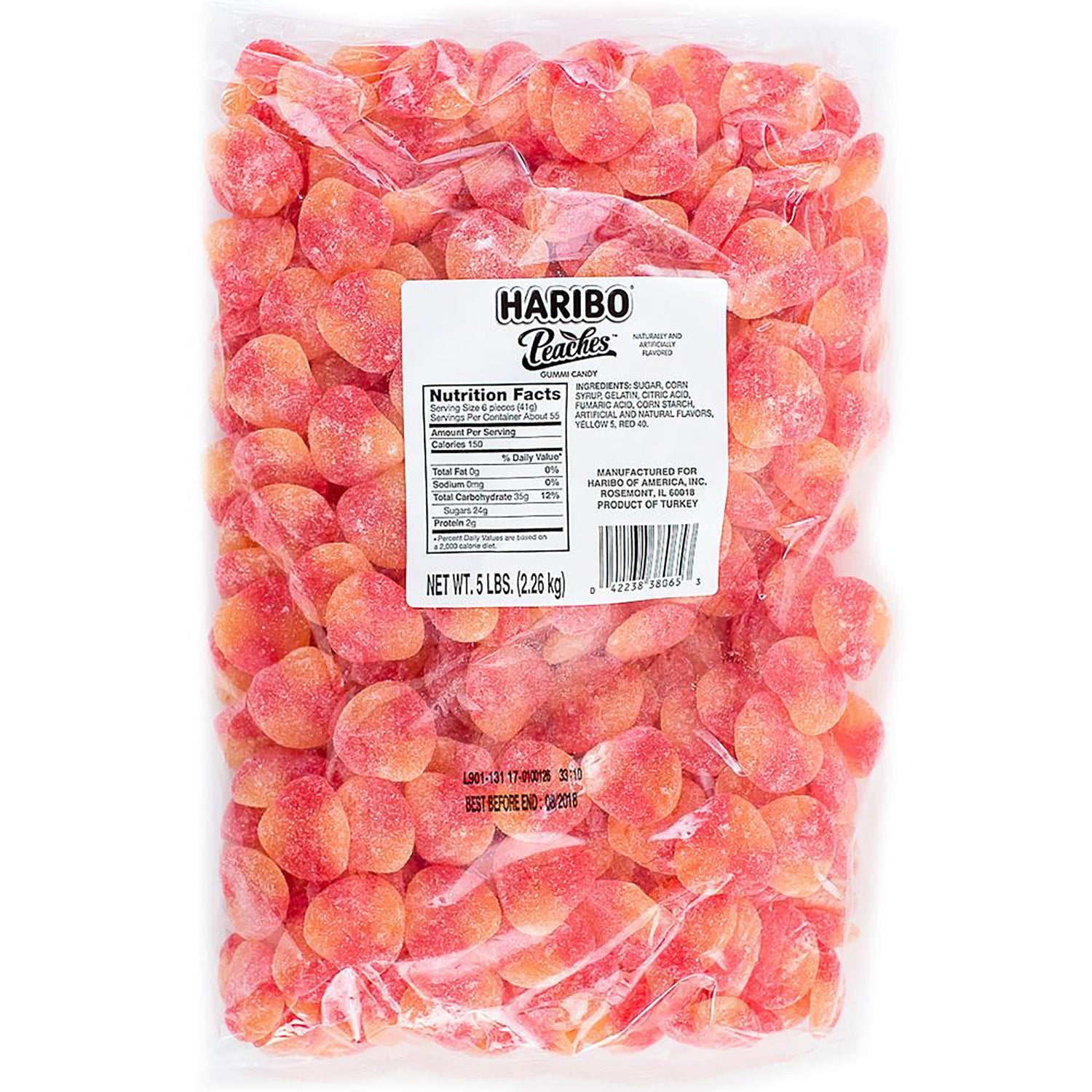 Haribo Peaches Gummi Candy Bulk 5lb Bag - Soft & Chewy Peach Flavored Candy for Parties, Snacking, and Gift Baskets