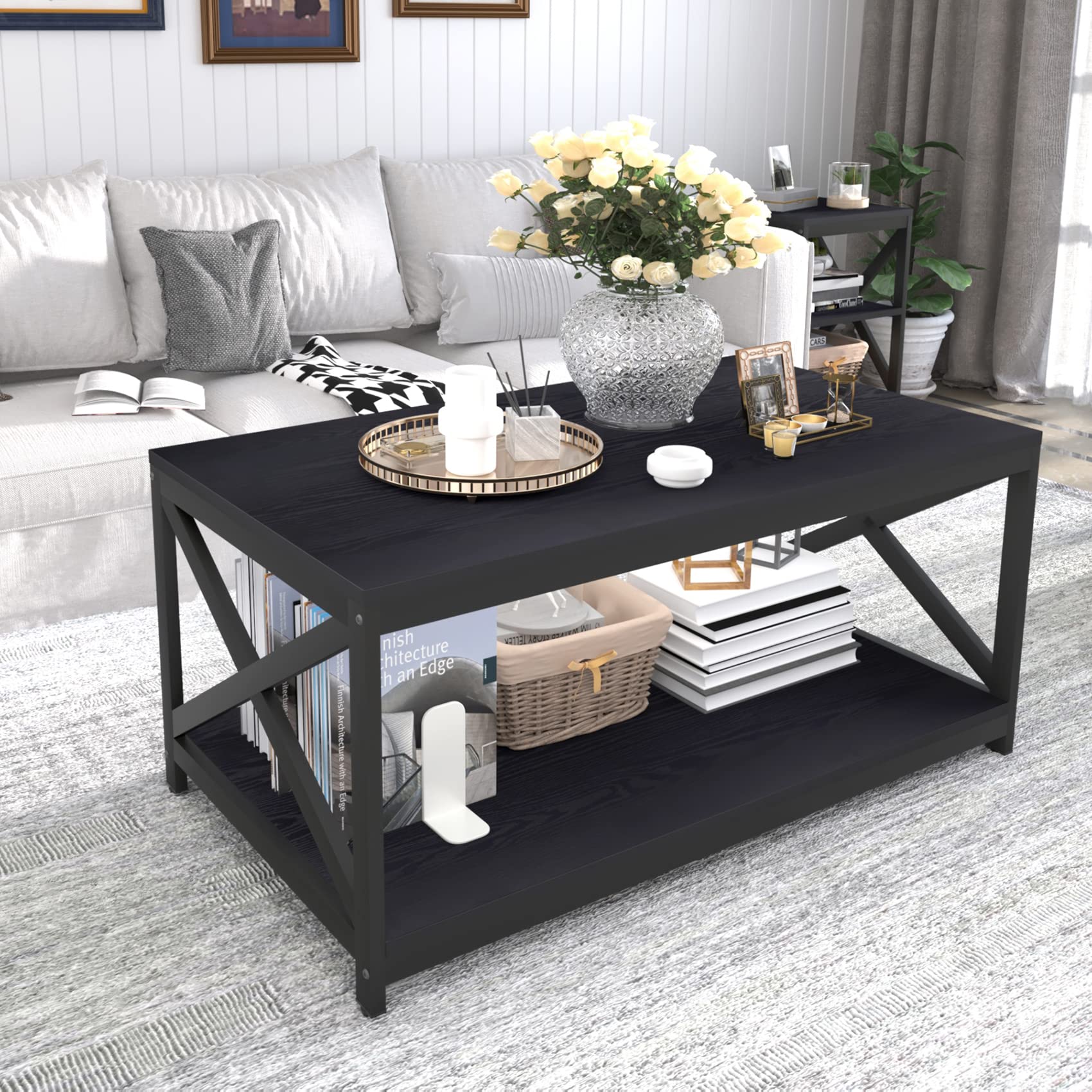 Bigbiglife 3-Piece Industrial X-Design Coffee Table Set with Storage - Coffee Table & 2 End Tables for Living Room, Apartment, Home Decor (Black) | Perfect for Small Spaces, Modern Furniture & Storage Solutions