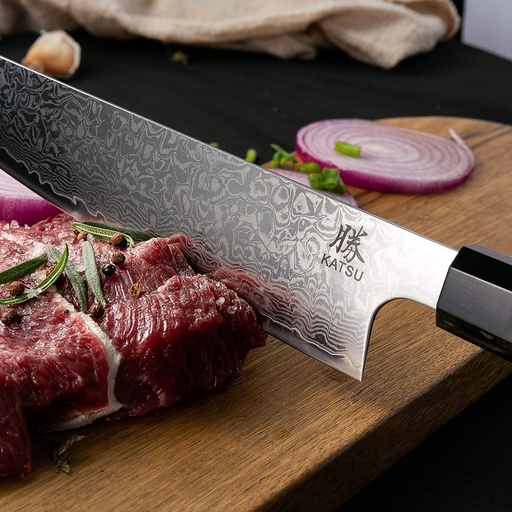 Premium KATSU Damascus Steel Japanese Chef Knife - 8 Inch Handcrafted Kitchen Knife with Octagonal Wood Handle - Wood Sheath & Gift Box Included - Perfect for Sushi, Meat Cutting & Professional Cooking