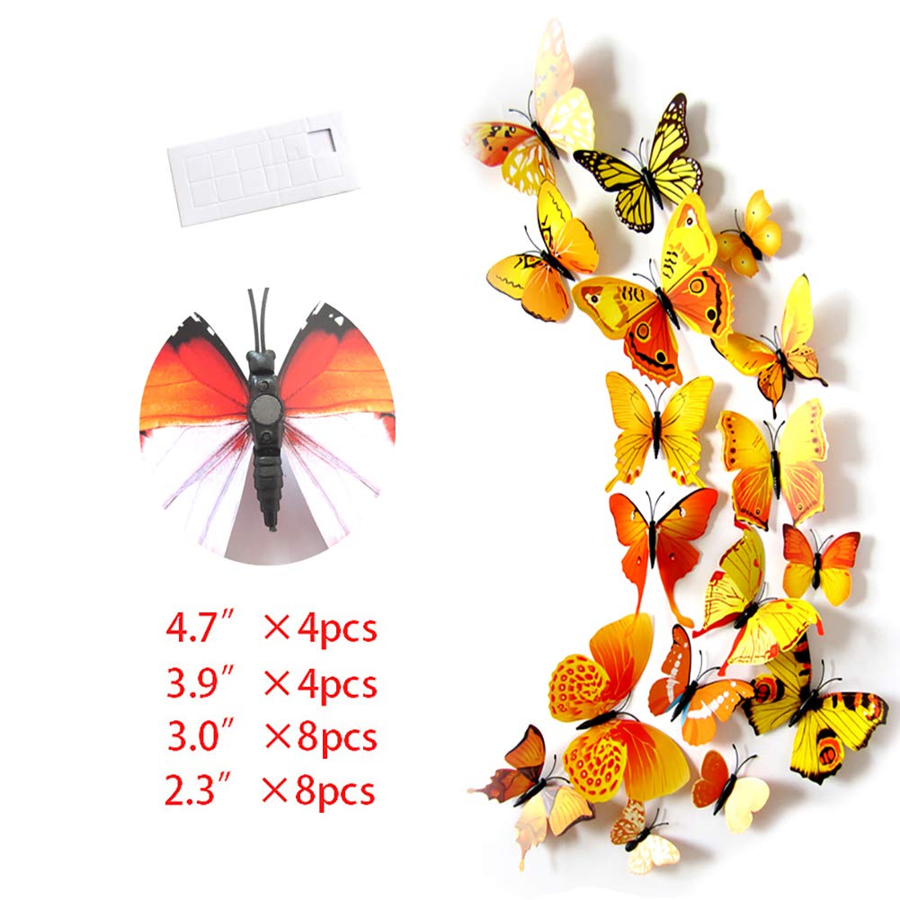 24PCS 3D Butterfly Wall Decals - Removable Refrigerator Magnets & Stickers for Kids Room Decor - Home & Bedroom Art Mural in Yellow - Perfect for Nursery, Playroom and DIY Wall Decoration