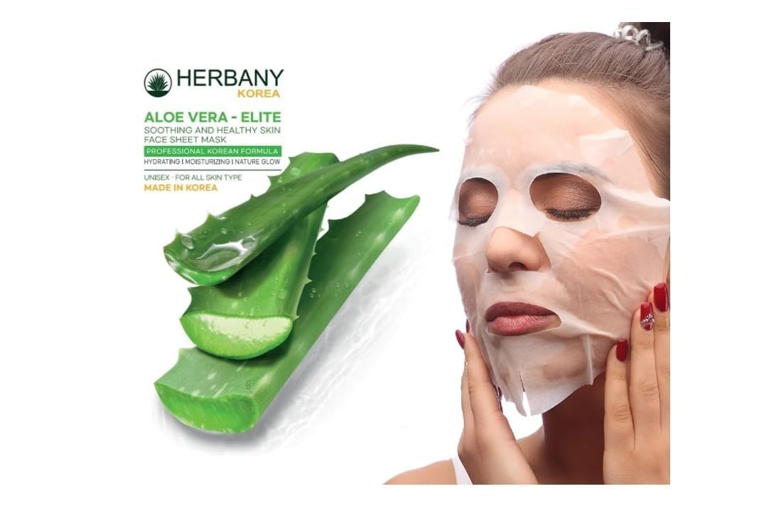 HERBANY KOREA Aloe Vera Face Mask Pack of 5 - Soothing & Hydrating Sheet Mask for Healthy Skin, Korean Skincare for Men & Women - 25ml Each - Perfect for Dry Skin Care & Post-Sun Recovery