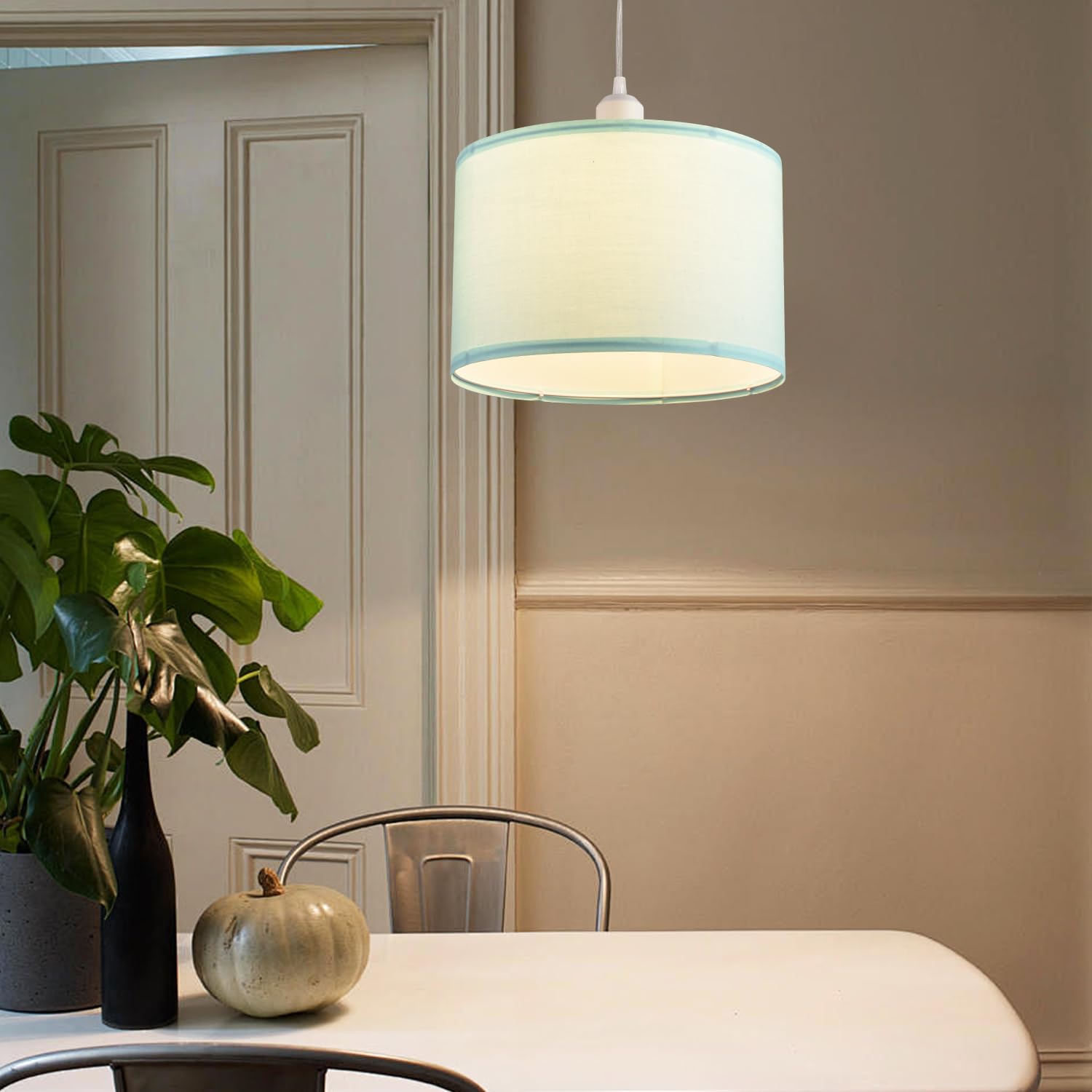 2 Pack Plug in Pendant Light with 15Ft Clear Cord & On/Off Switch - Blue Fabric Lamp Shade Hanging Light Fixture for Bedroom, Kitchen, Dining Room & Living Room - Perfect for Farmhouse Decor, Coffee Bars & Breakfast Nooks