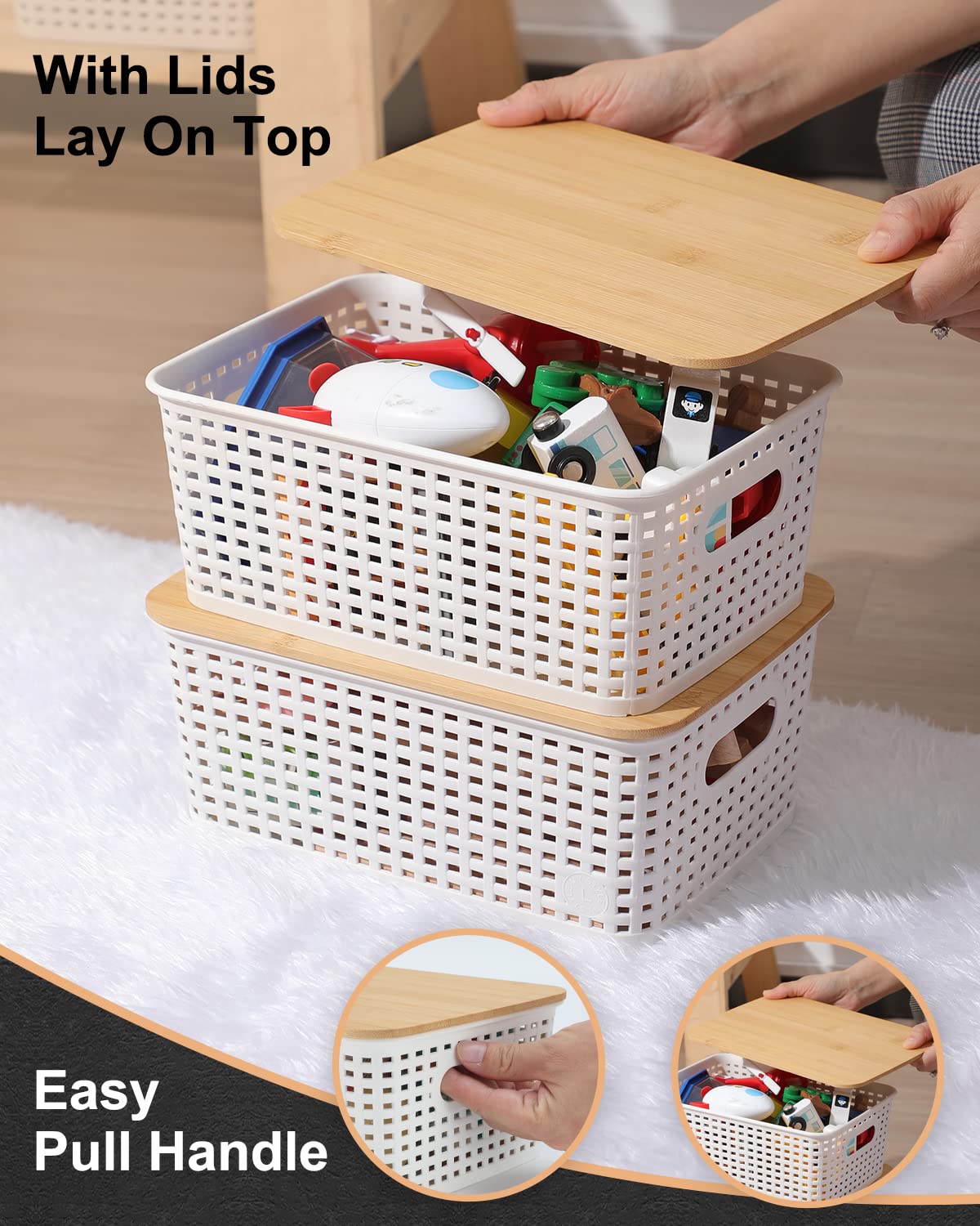6-Pack White Storage Bins with Bamboo Lids - for Pantry, Shelves & Home Organization