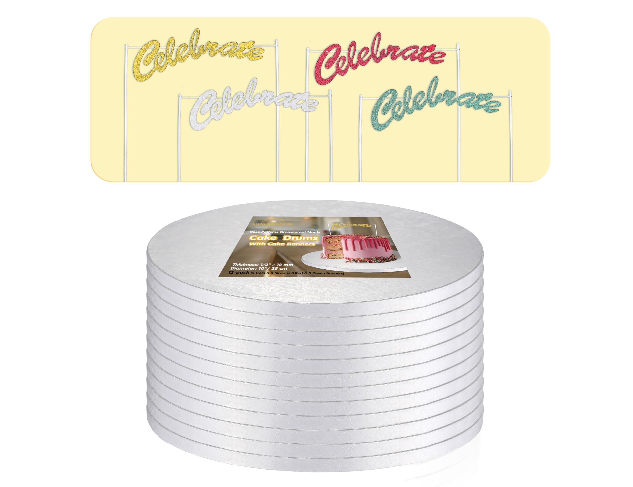 10 Inch Round White Cake Drums (12-Pack) - 1/2 Inch Thick Sturdy & Greaseproof Cake Boards with Banner Topper for Birthday, Wedding & Multi-Tiered Party Cakes | Perfect for Professional Baking, Cake Decorating & Dessert Displays by GoldenBakeryFamily
