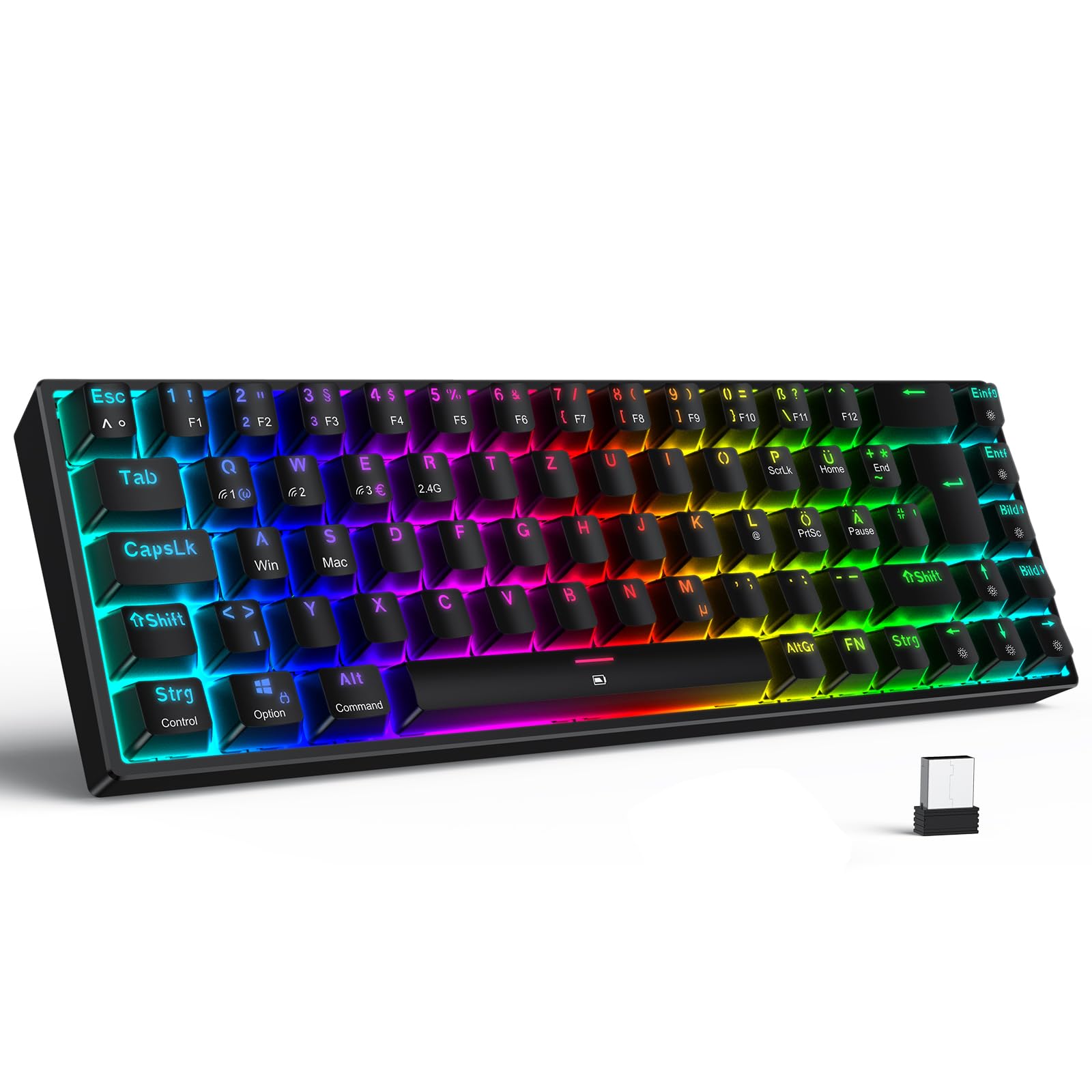 TECURS Wireless Mechanical Gaming Keyboard - RGB Backlit, 65% TKL Compact Design with Red Switches | German QWERTZ Layout for PC, PS4, PS5, Xbox One & Laptop | Perfect for Gaming, Office Work & Typing | Black