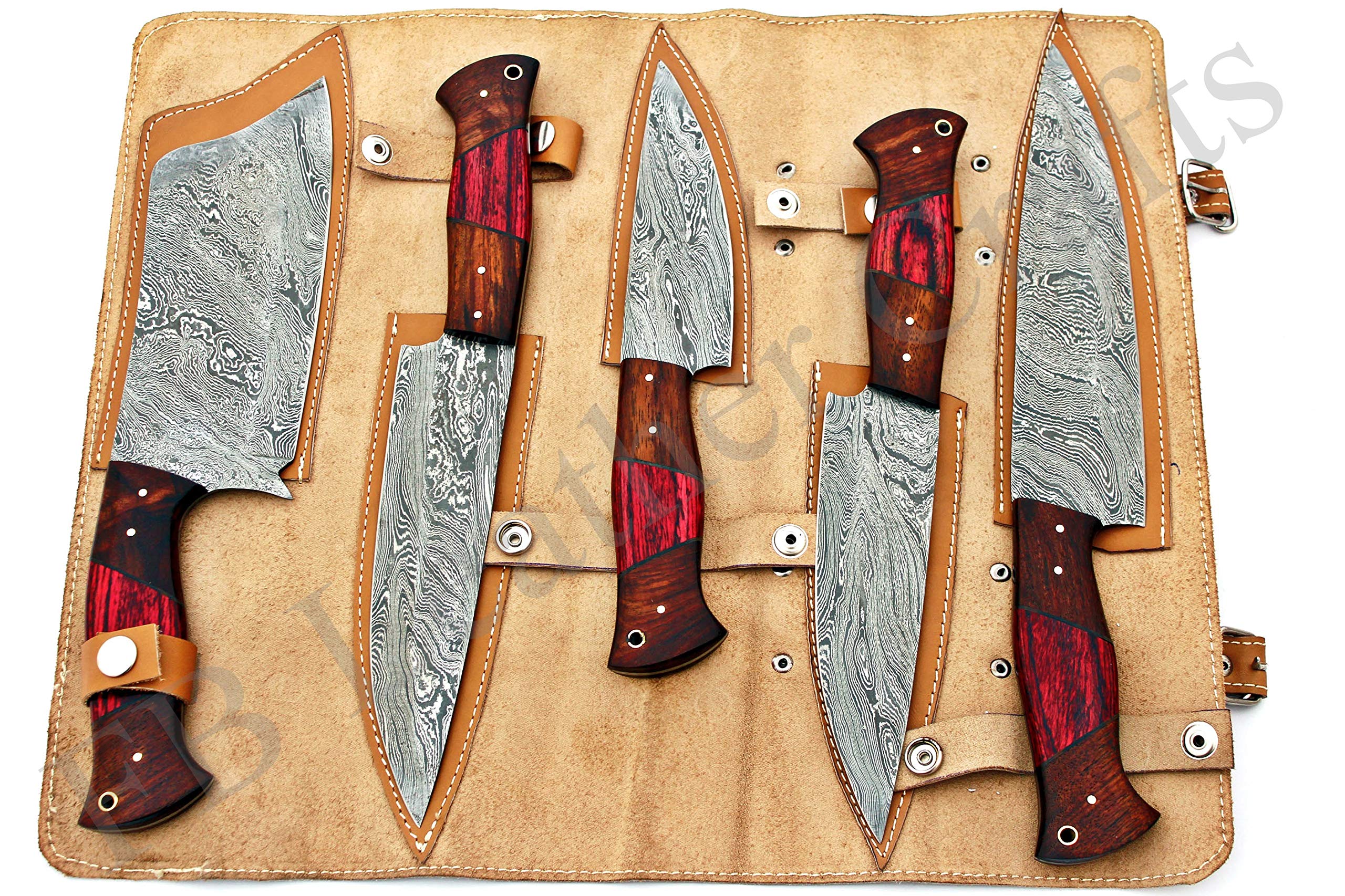 Premium Damascus Steel Kitchen Knives Set - 5-Piece Chef & BBQ Knives with Wood Handle (Brown/Red) - Perfect for Home Cooking, Outdoor Grilling & Professional Kitchens
