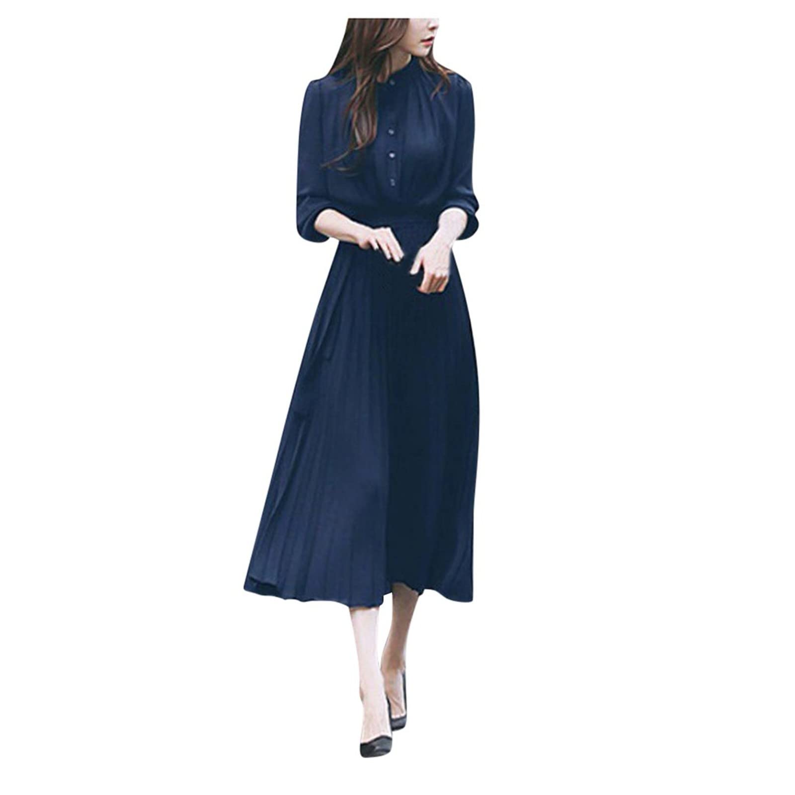 Women's Casual Solid V-Neck Long Sleeve Dress with Belted Waist & Flowy Pleated Skirt - Perfect for Office Wear, Date Night & Spring Outfits