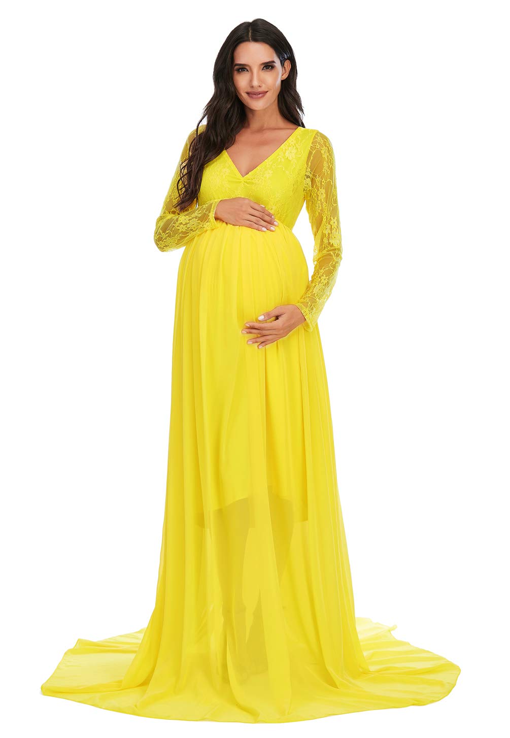 ZIUMUDY Maternity V-Neck Chiffon Photography Gown - Long Sleeve Lace Stitching Maxi Dress for Baby Shower, Pregnancy Photo Shoot & Special Occasions