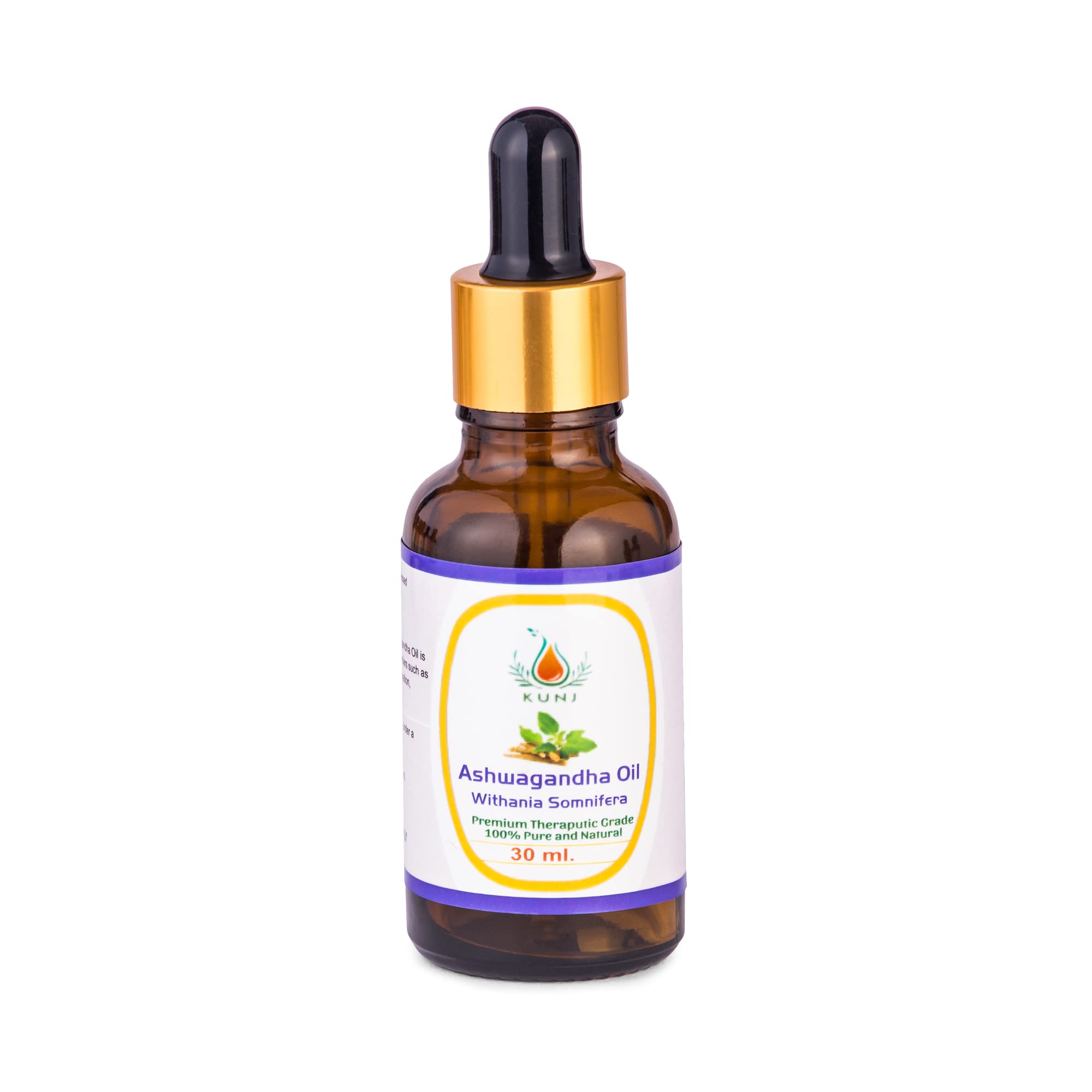 Organic KUNJ Ashwagandha Oil - 100% Pure Cold Pressed for Hair Growth, Skin Care & Stress Relief (30ml) | Natural Ayurvedic Remedy for Dry Scalp, Wrinkles & Aromatherapy | Perfect for Massage, DIY Beauty & Holistic Wellness