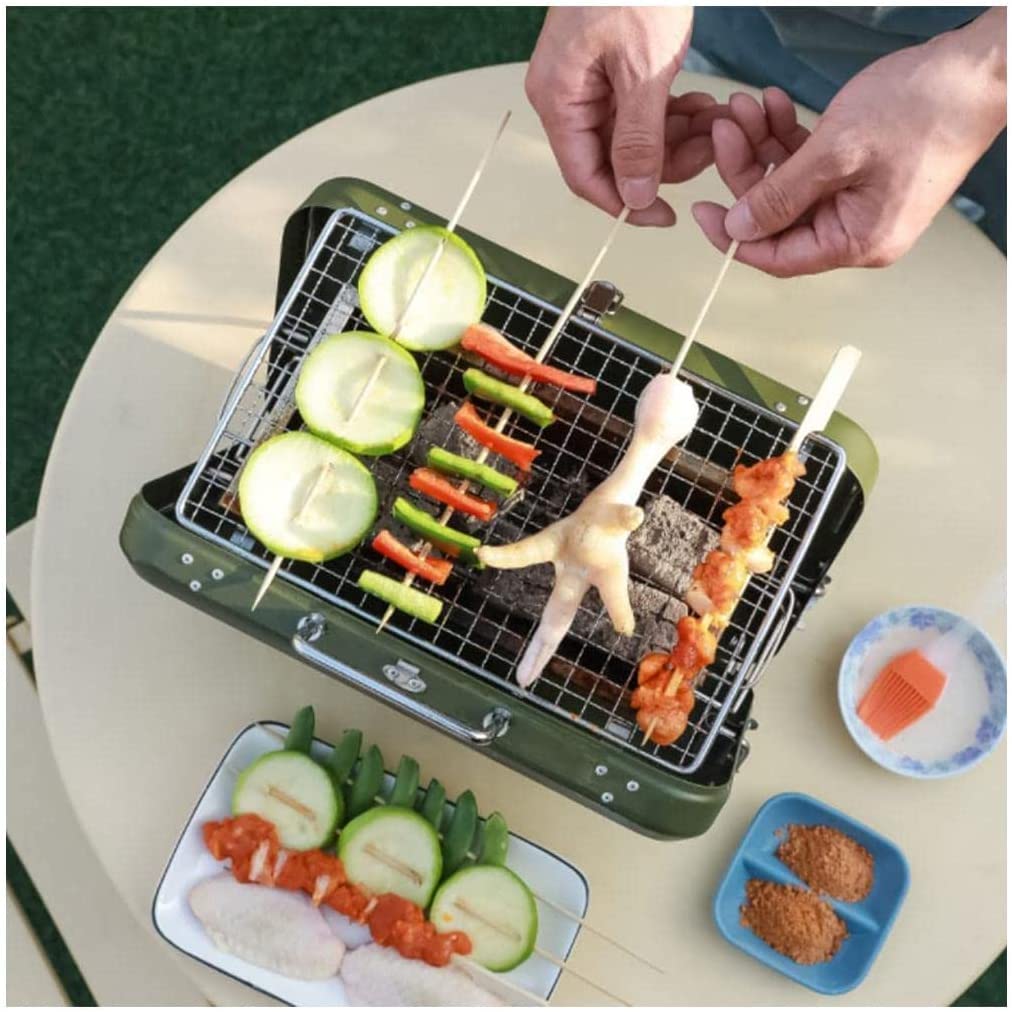 Portable Charcoal BBQ Grill - Small Cast Iron Outdoor Grill with Stainless Steel & Convenient Handle - Perfect for Camping, Picnics, Backyard Cookouts (Green)