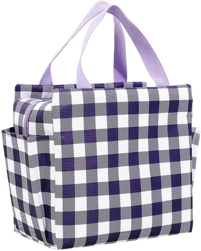 Insulated Lunch Bag for Women & Men - Reusable Durable Lunch Box with Dual Side Bottle Holders - Perfect for Office, Work, Picnic & Travel - Blue Plaid Design