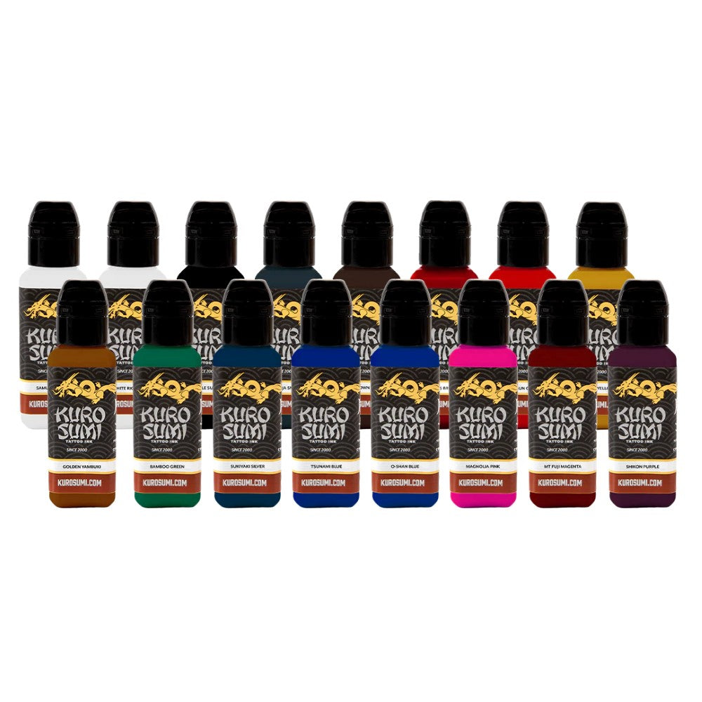 16 Color Primary Set #1 - Kuro Sumi Professional Tattoo Ink Kit - Choose Your Size - Perfect for Tattoo Artists & Beginners