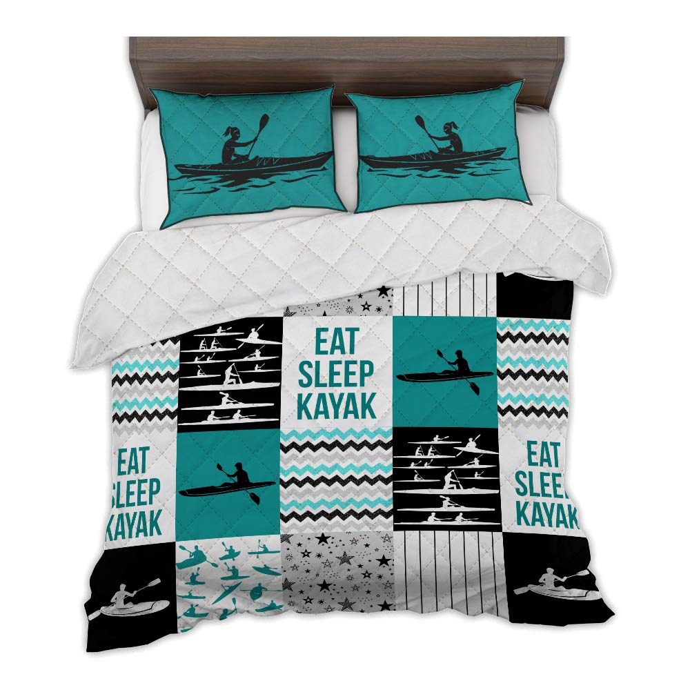 ZBIGTEE Kayaking Themed Comfy Funny Bed Quilt Set - Blue Kayak Print Queen Size (79