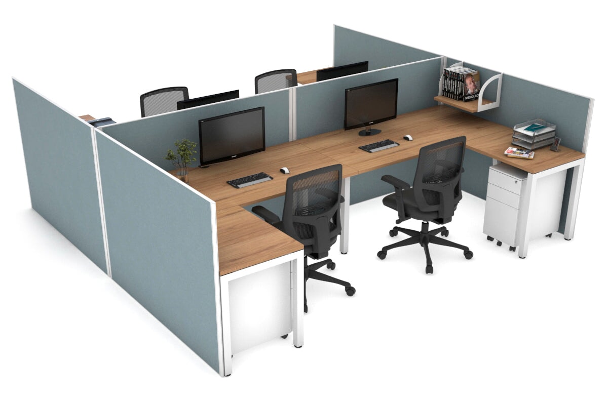 Quadro Square Legs 4-Person Corner Workstation - H Configuration White Frame [1400L x 1800W with Cable Management] - Perfect for Office Collaboration & Team Workspaces