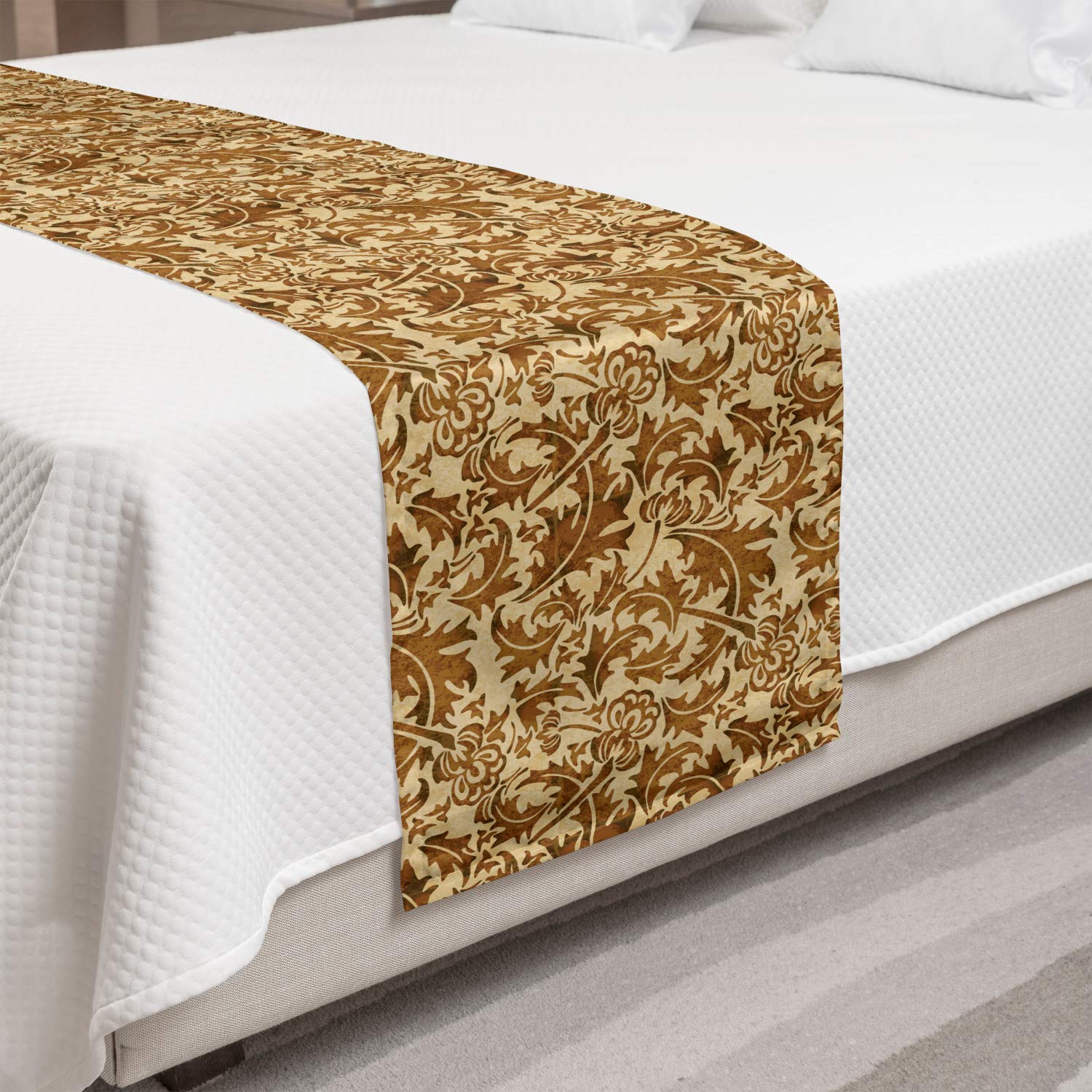 Ambesonne Vintage Bed Runner - Faded Watercolor Print with Arts & Crafts Inspired Curled Leaves | Decorative Bed Scarf for Hotels, Homes & Guest Rooms in Caramel & Beige | Perfect for Master Bedrooms, B&B Decor & Luxury Bedding Accents