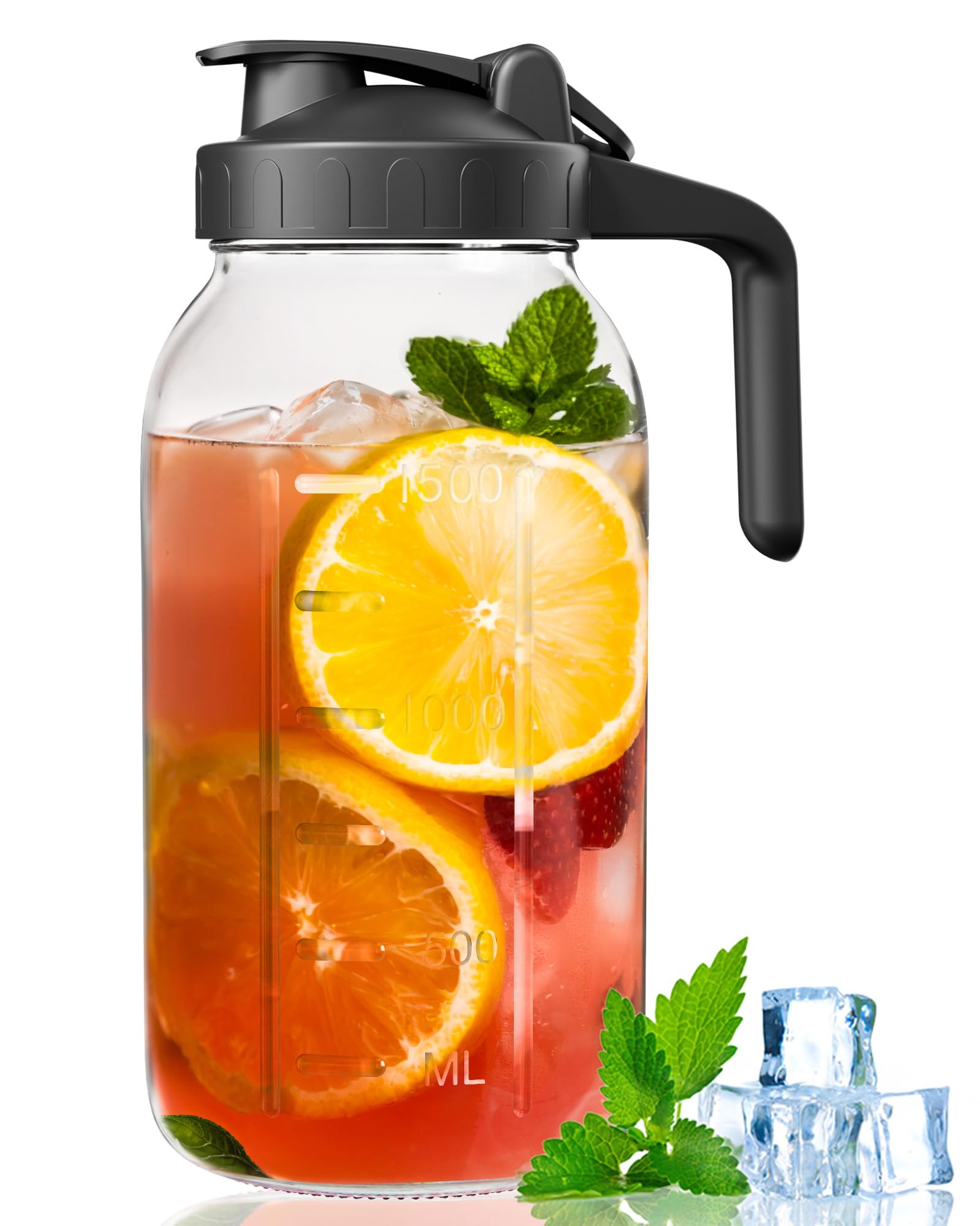 64 oz Mason Jar with Pour Spout - 2 Quart Glass Pitcher with Airtight Lid - Perfect for Iced Tea, Juice, Milk, Coffee & Sun Lemonade - Great for Home, Kitchen, Camping & Entertaining - Set of 1 (Black)