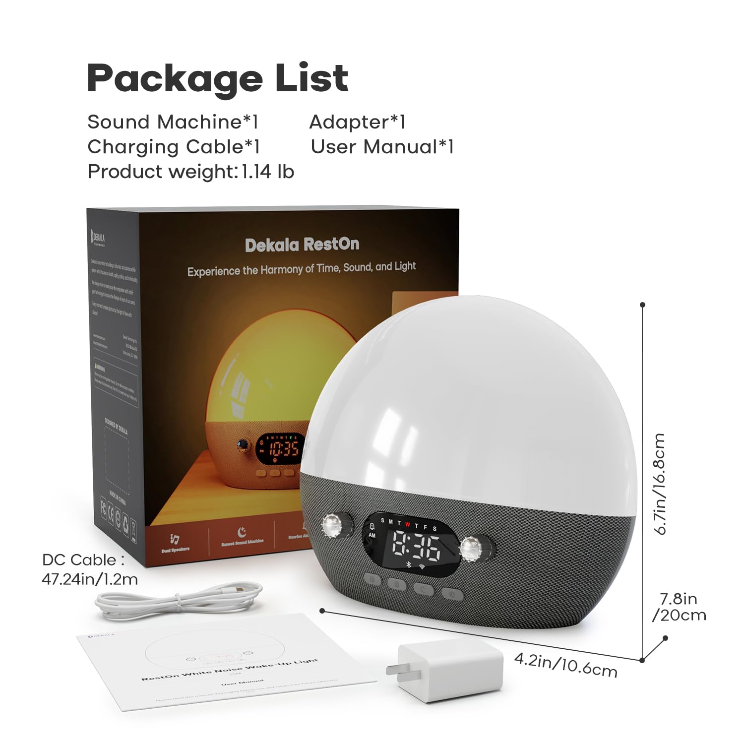 Dekala RestOnn Sunrise Alarm Clock & Sunset Sound Machine - 7-Day Programmable Dual Alarm with White Noise & Natural Sleep Sounds, Bluetooth Speaker, Amber Night Light & Smart App Control (White) - Perfect for Bedroom, Nursery, Office & Meditation Room