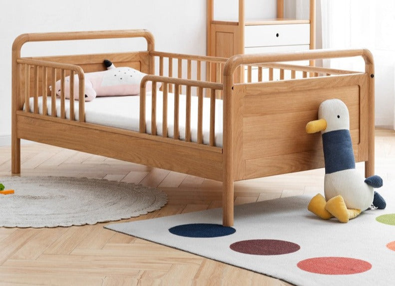 Premium Oak Solid Wood Toddler Bed - Convertible, Multi-Functional Kids Bed with Safety Rails | Perfect for Nursery, Daycare & Small Bedrooms