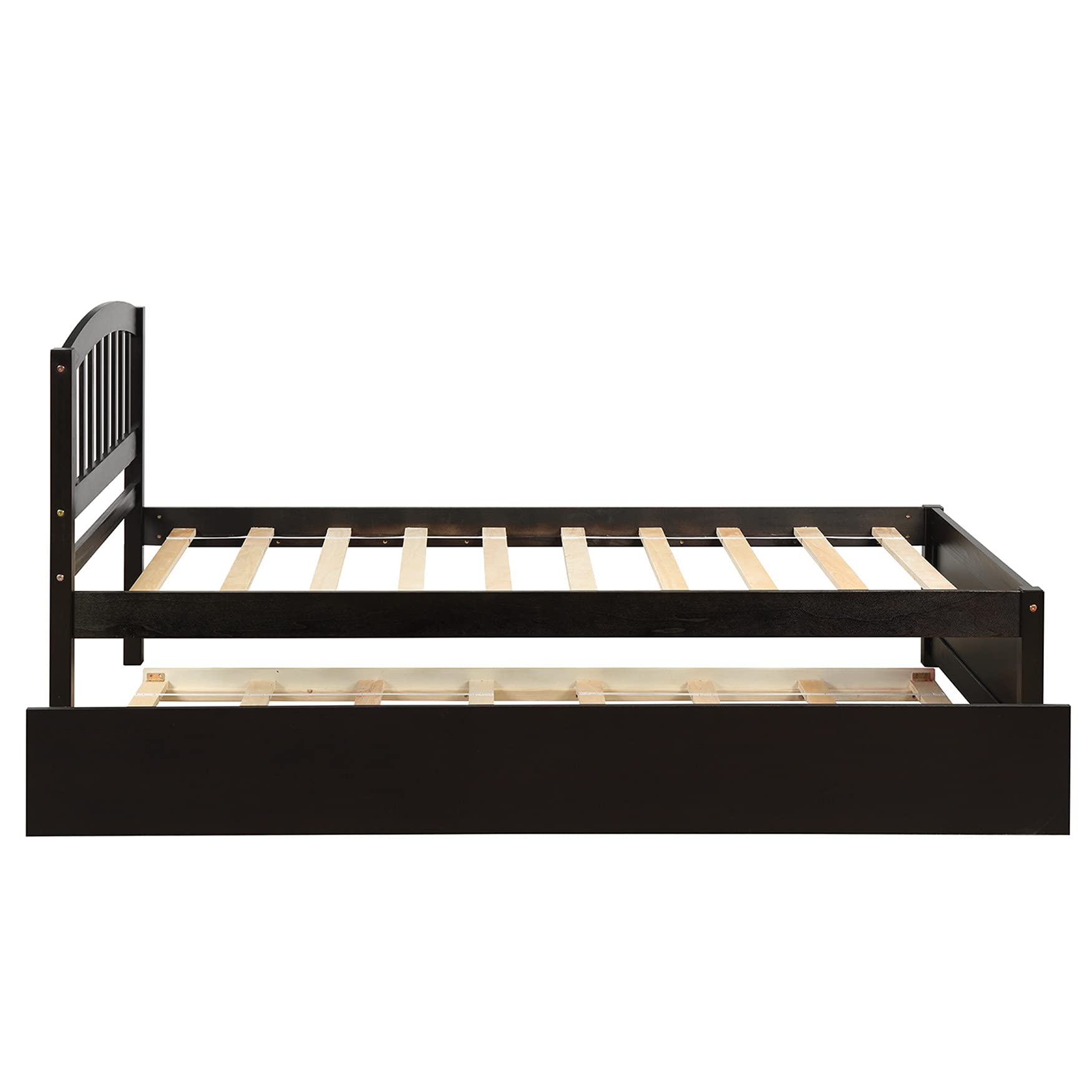 Solid Wood Twin Platform Bed Frame with Headboard & Trundle - Espresso Finish | Space-Saving Bedroom Furniture for Kids, Teens & Guest Rooms