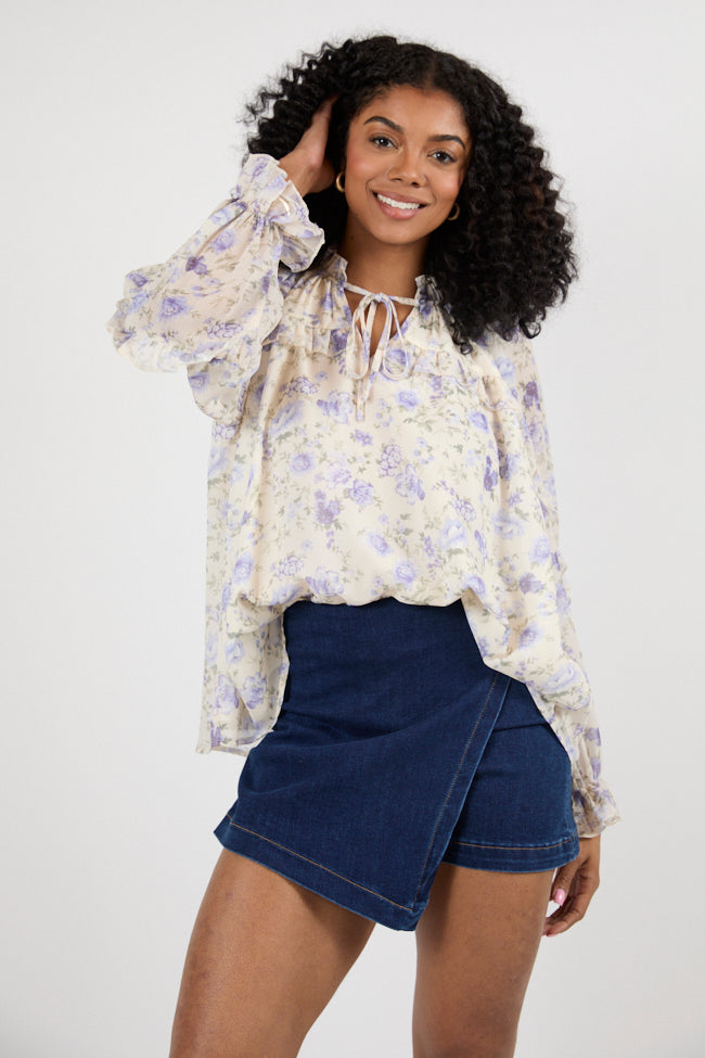 Purple Oversized Floral Blouse with Ruffle Detail - Women's Fashion Popover Top for Casual & Office Wear - Final Sale