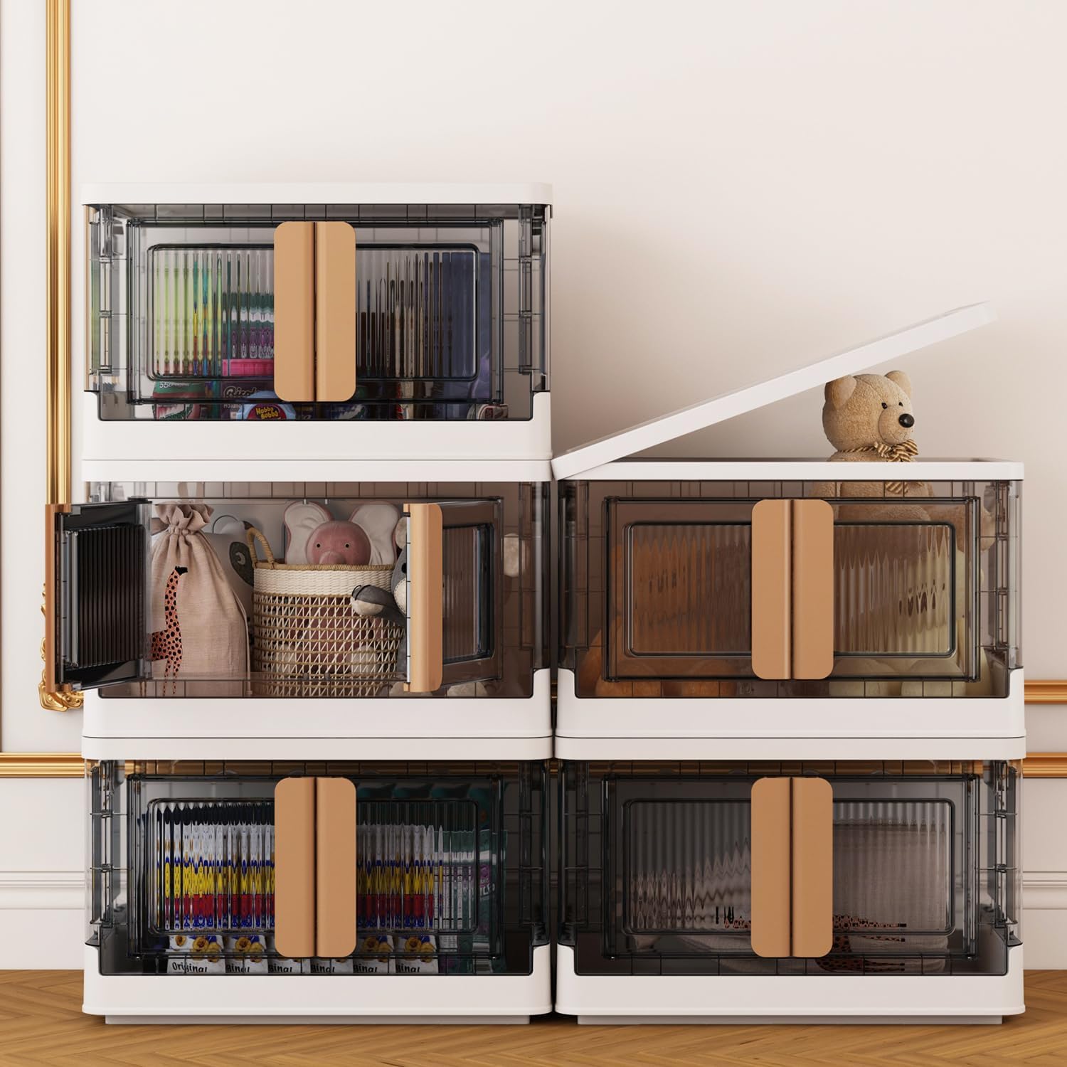 235Qt Plastic Storage Bins (5-Pack x 47QT) - Foldable, Stackable & Wheeled Organizer Bins with Front Opening | Perfect for Closet Organization, Home Storage & Garage Shelving