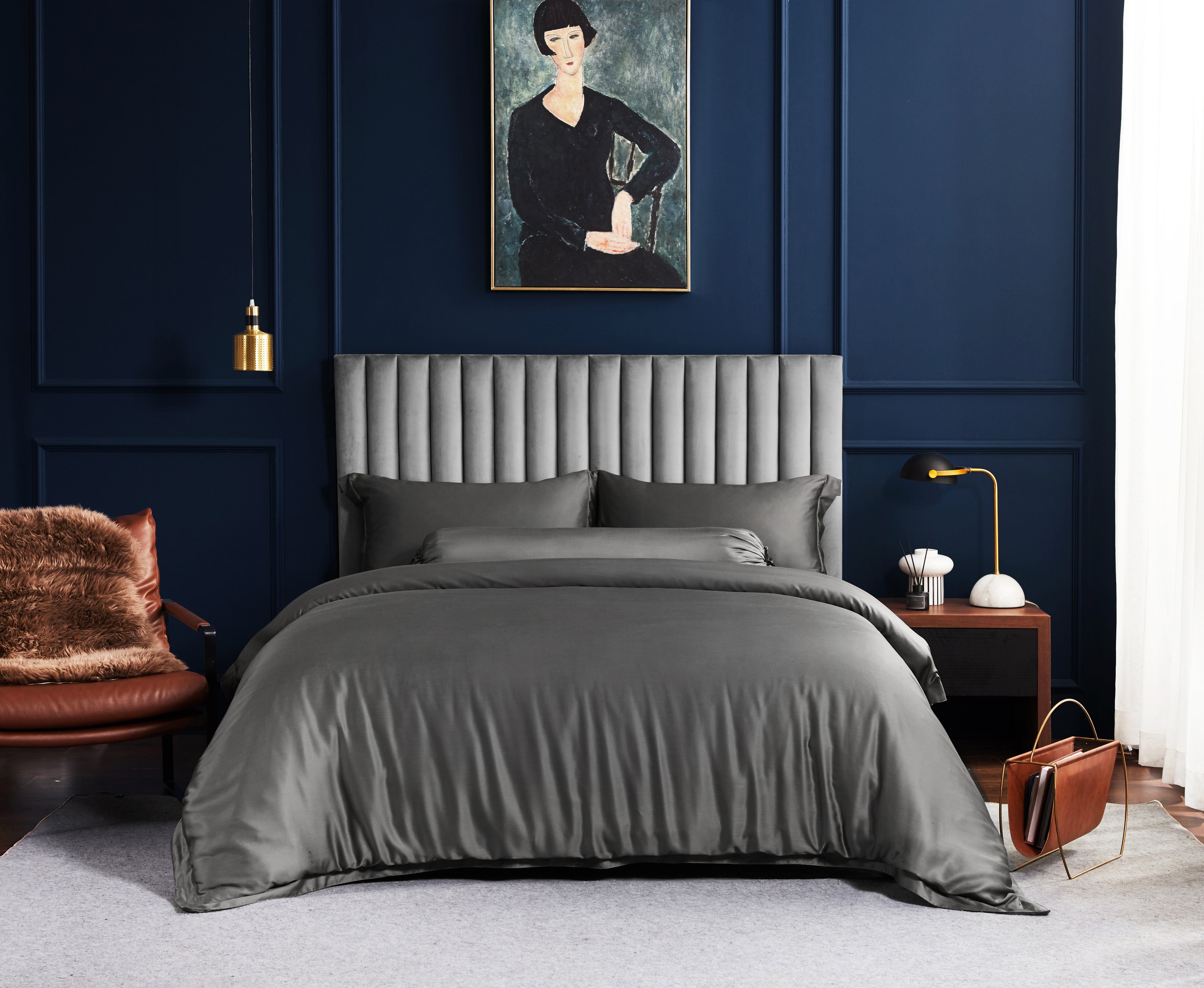 Premium TENCEL™ LF Monsoon Grey Fitted Sheet Set with Bolster Case - Soft Luxury Bedding for Master Bedroom & Guest Room - Breathable Cooling Sheets for Hot Sleepers