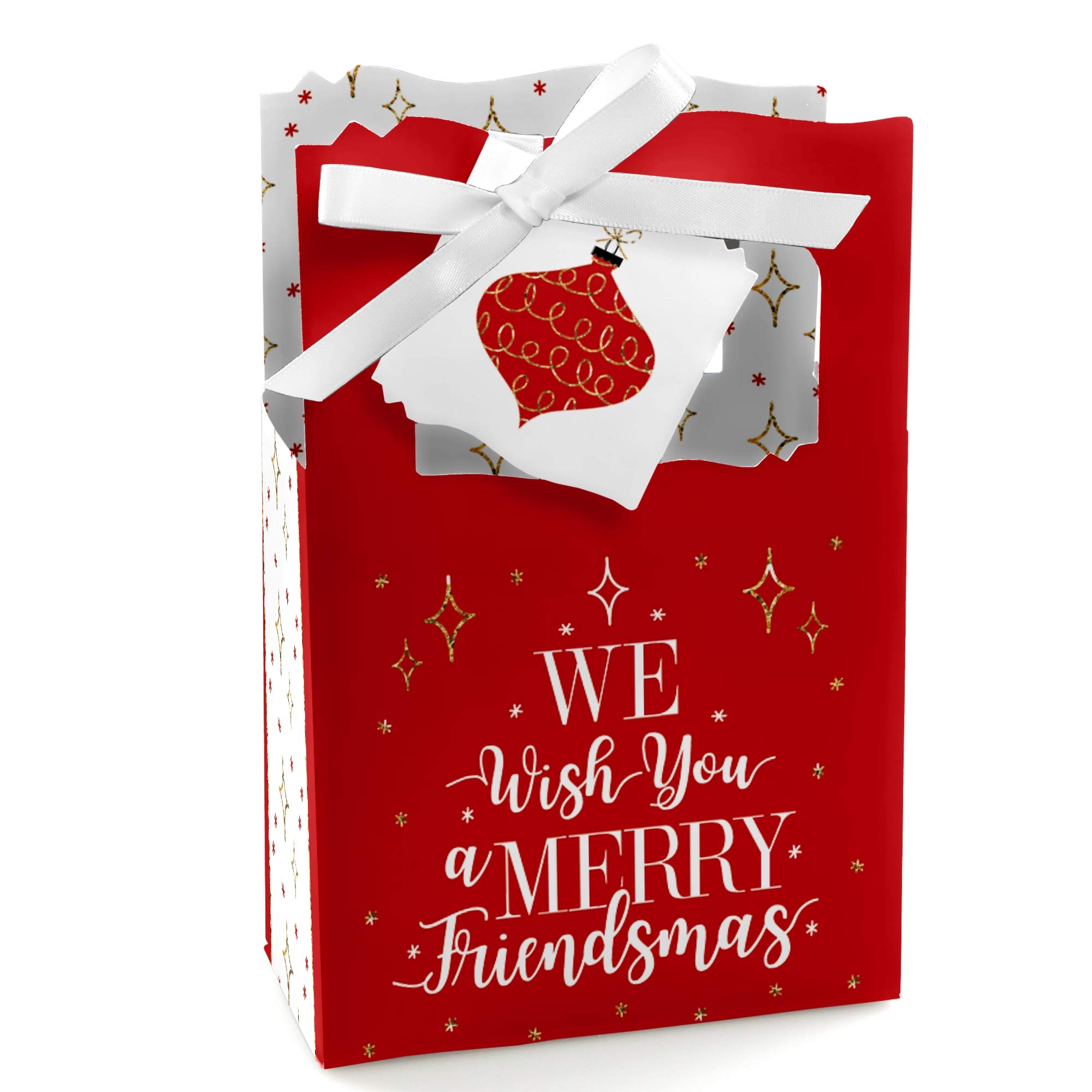 Big Dot of Happiness Red & Gold Friendsmas Christmas Party Favor Boxes - Set of 12 Gift Boxes for Holiday Celebrations, Office Parties & Festive Gatherings
