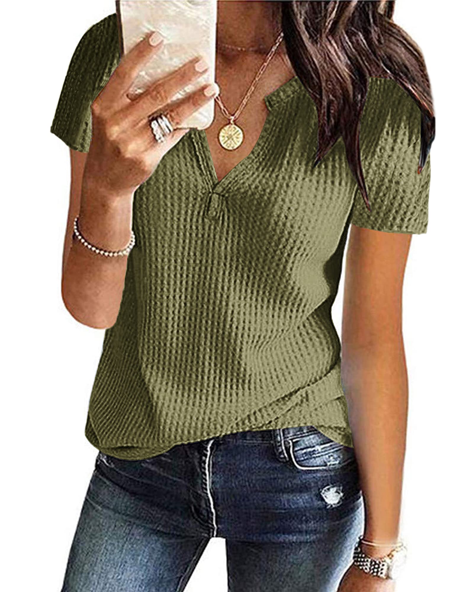 WNEEDU Women's Waffle Knit Tunic T-Shirt - V-Neck Henley Top with Short/Long Sleeve Options | Casual Sweater for Work, Weekend & Layering Outfits