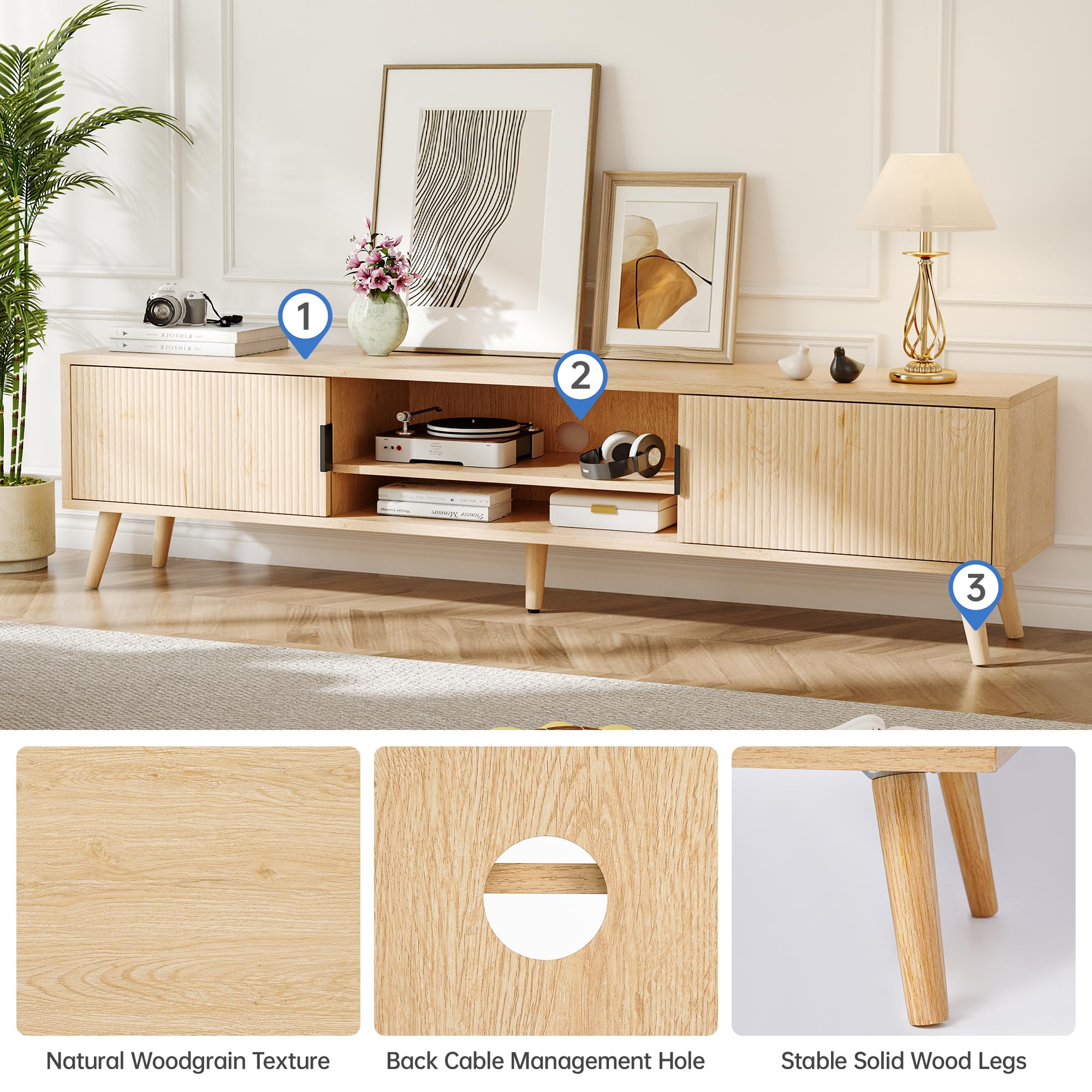 Mid Century Modern TV Stand for 70 Inch TVs - 62 Inch Entertainment Center with Storage, Media Console in Natural Finish - Perfect for Living Room, Home Theater & Office