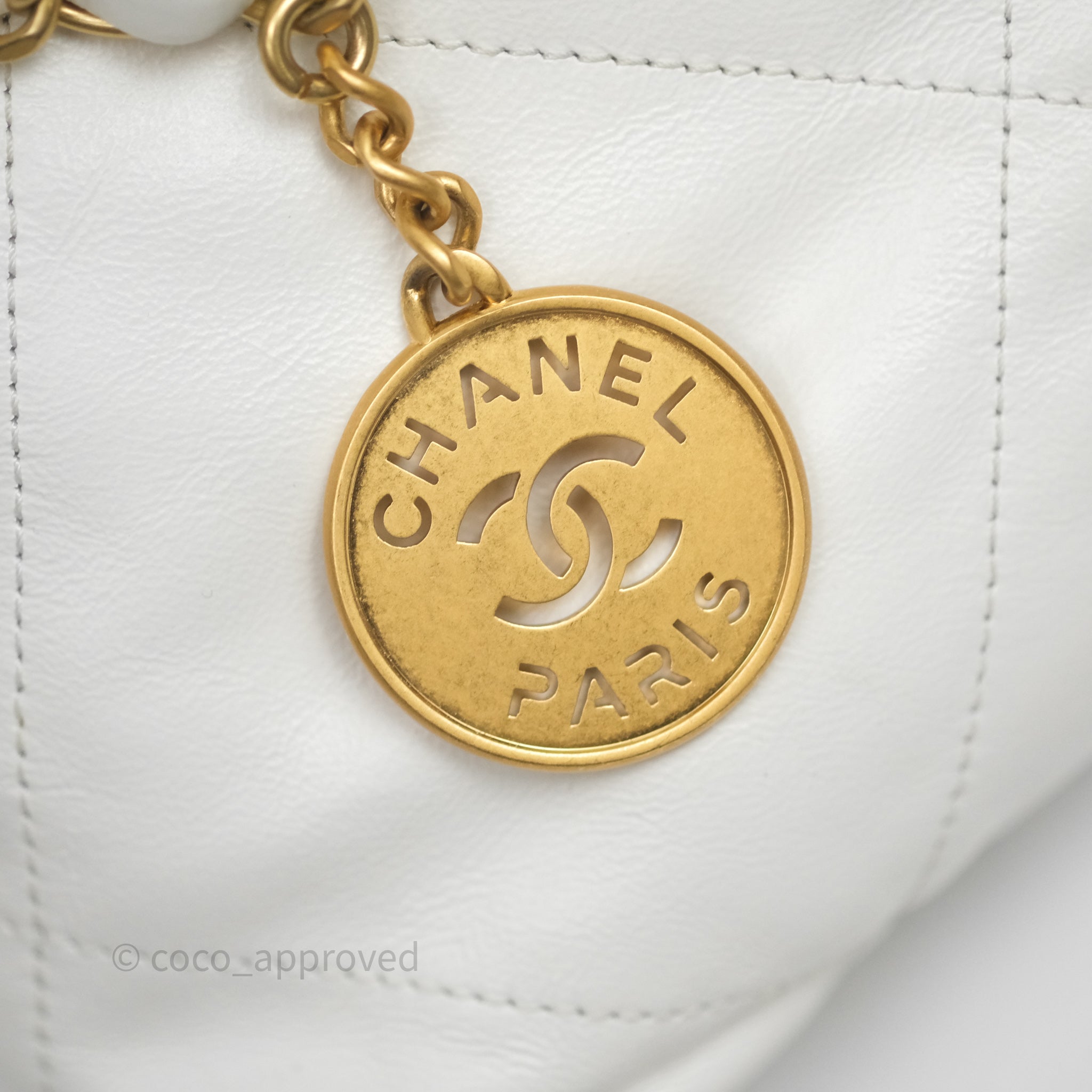 Chanel 22 Small Handbag in White Aged Calfskin with Black Logo & Aged Gold Hardware - Perfect for Everyday Luxury & Evening Events