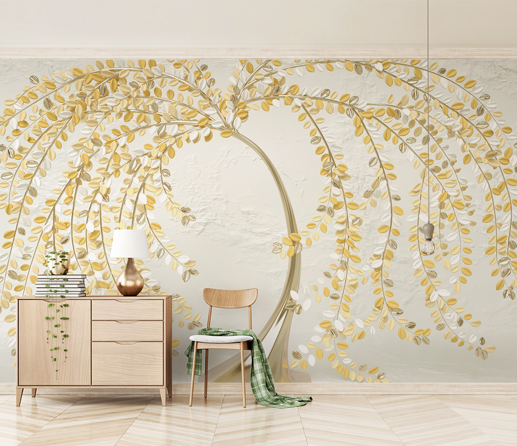 3D Tree Wall Mural with Yellow Leaves - Vibrant Peel and Stick Wallpaper for Living Room, Bedroom, Nursery | Easy DIY Home Décor for Modern Interiors