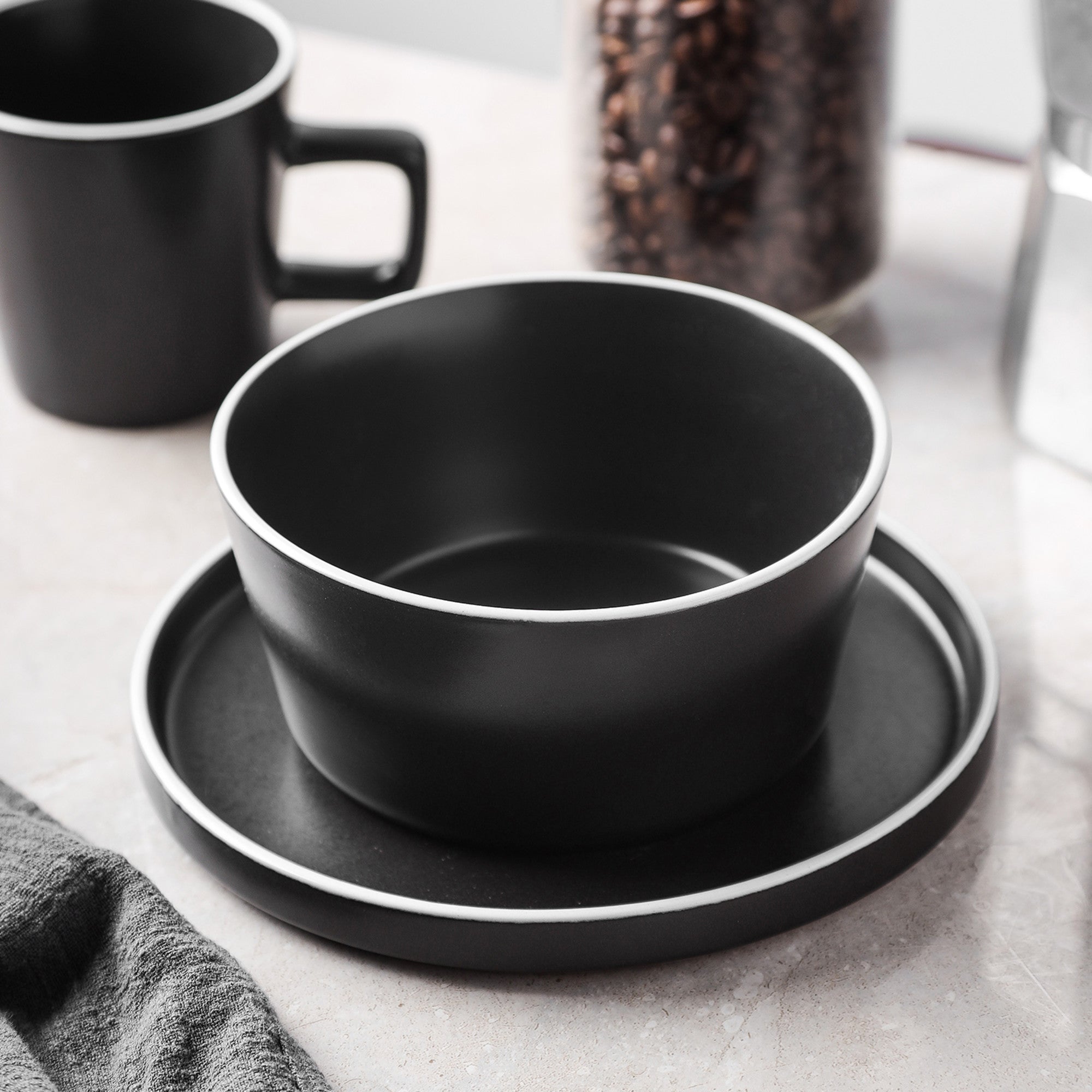 Premium Allison Stoneware Dinnerware Set - Black Matte with White Rim - Elegant Dinner Plates, Bowls & Mugs for Modern Dining, Entertaining & Everyday Use