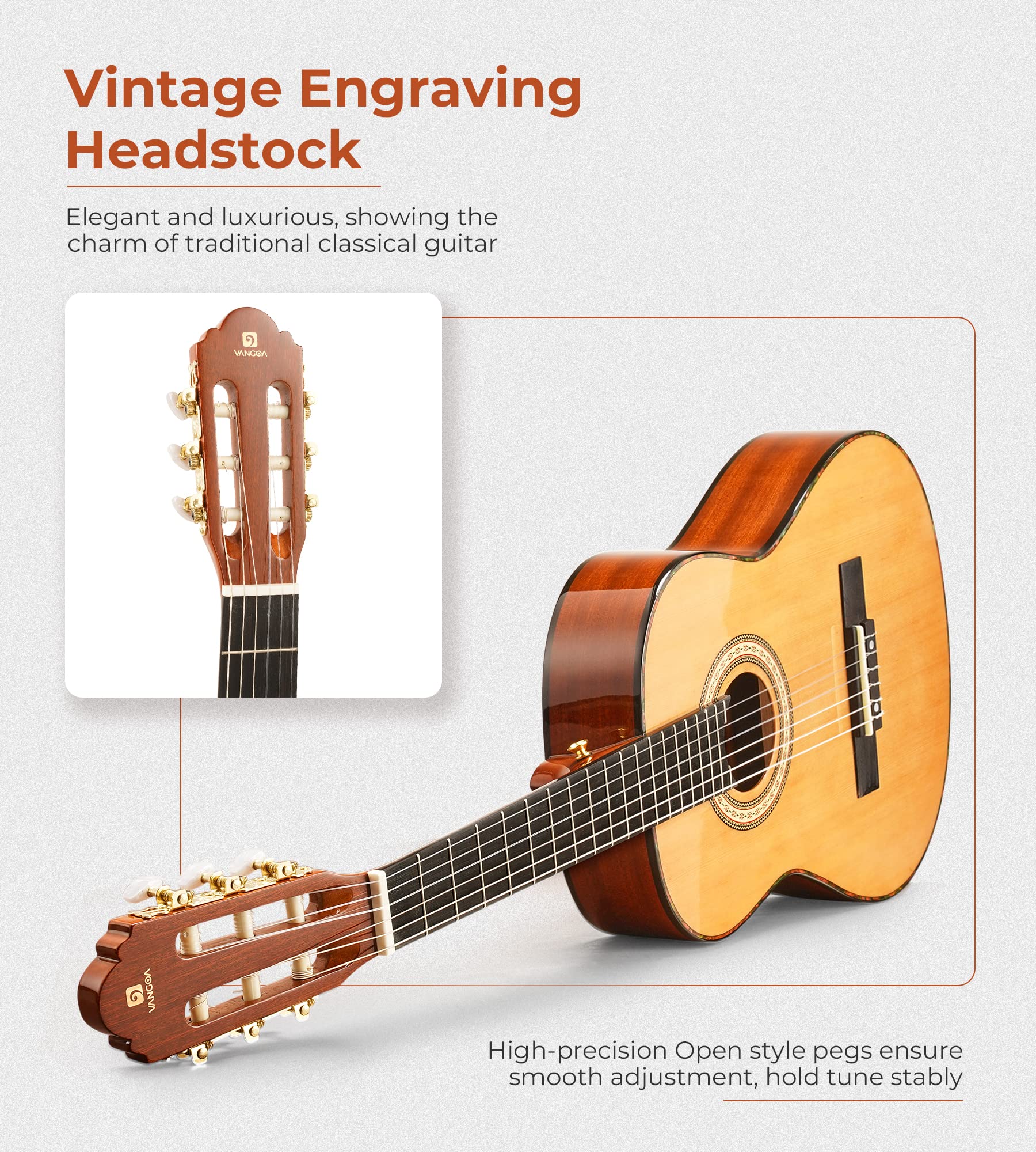 Vangoa 39 Inch Full Size 4/4 Spanish Style Classical Guitar with Solid Cedar Top & Nylon Strings - Perfect for Beginner Adults | Ideal for Music Lessons, Home Practice & Live Performances