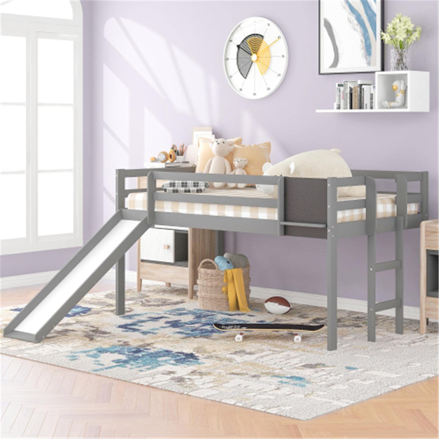 Twin Loft Bed with Slide & Ladder - Low Loft Bed with Under Bed Storage Space - Easy to Assemble Gray Kids Bed - Perfect for Small Bedrooms, Dorm Rooms & Play Areas