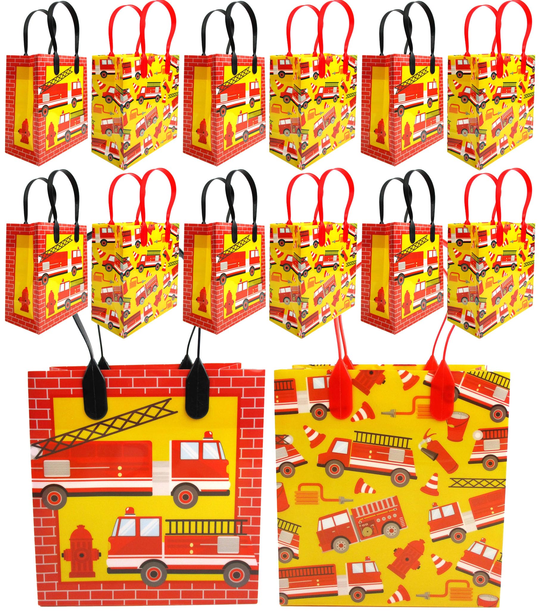 Fire Truck Themed Party Favor Bags with Handles - 12 Pack Firefighter Goodie Bags for Kids Birthday, Baby Shower & Classroom Treats | Perfect for Candy, Toys & Party Favors