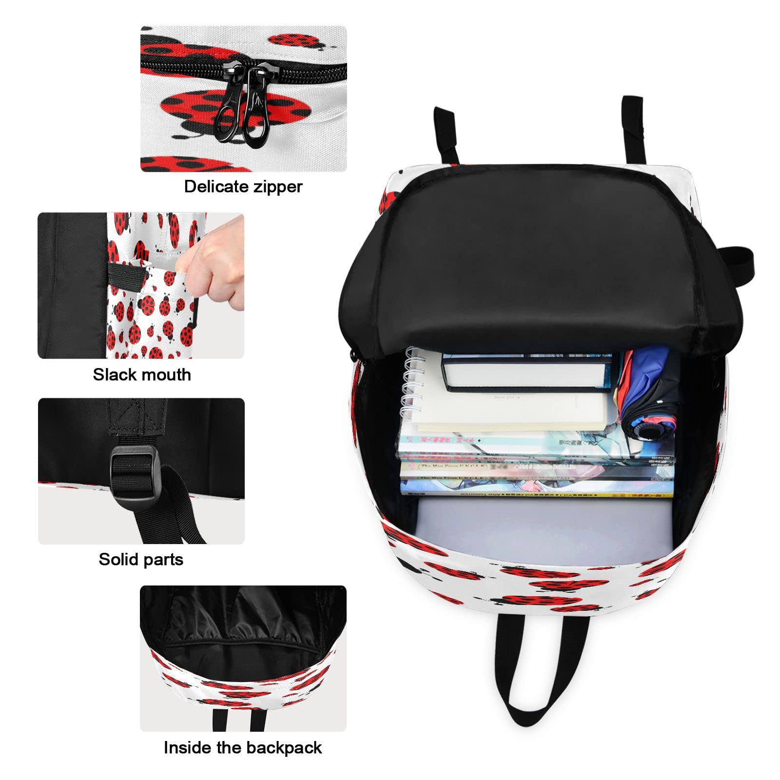 Cute Ladybug Backpack for Teens - Girls & Boys School Bookbag with Insulated Lunch Box - Perfect for School, Travel & Outdoor Adventures