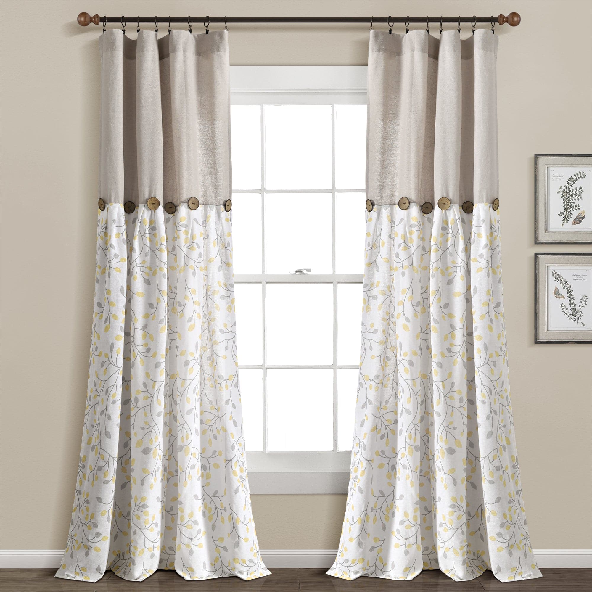 Linen Botanical Garden Window Curtain Panel with Button Details - Elegant Floral Design for Living Room, Bedroom & Home Decor
