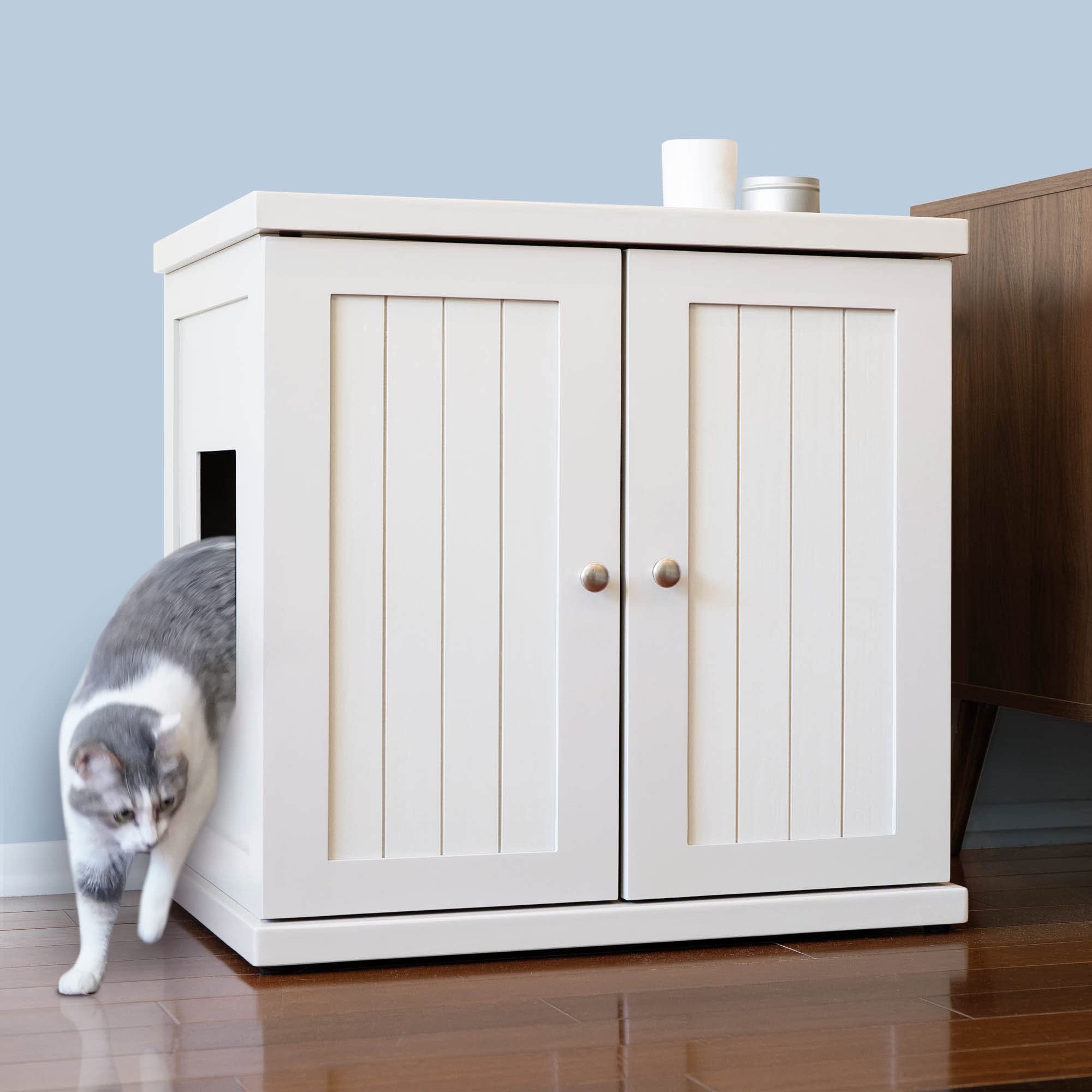 Premium White Cat Litter Box Enclosure Cabinet - Adjustable Levelers, XL Size, Hidden Litter Furniture with Storage Drawer | Modern Cottage Design for Home & Living Room | Odor Control & Stylish Pet Solution