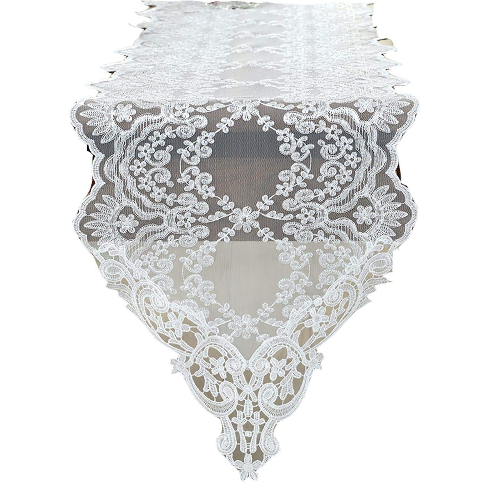 Beydodo 12x72 Inch White Embroidered Floral Table Runner - Elegant Polyester Lace Tablecloth for Wedding, Party, and Home Decor - Perfect for Dining Tables, Buffets, and Special Events