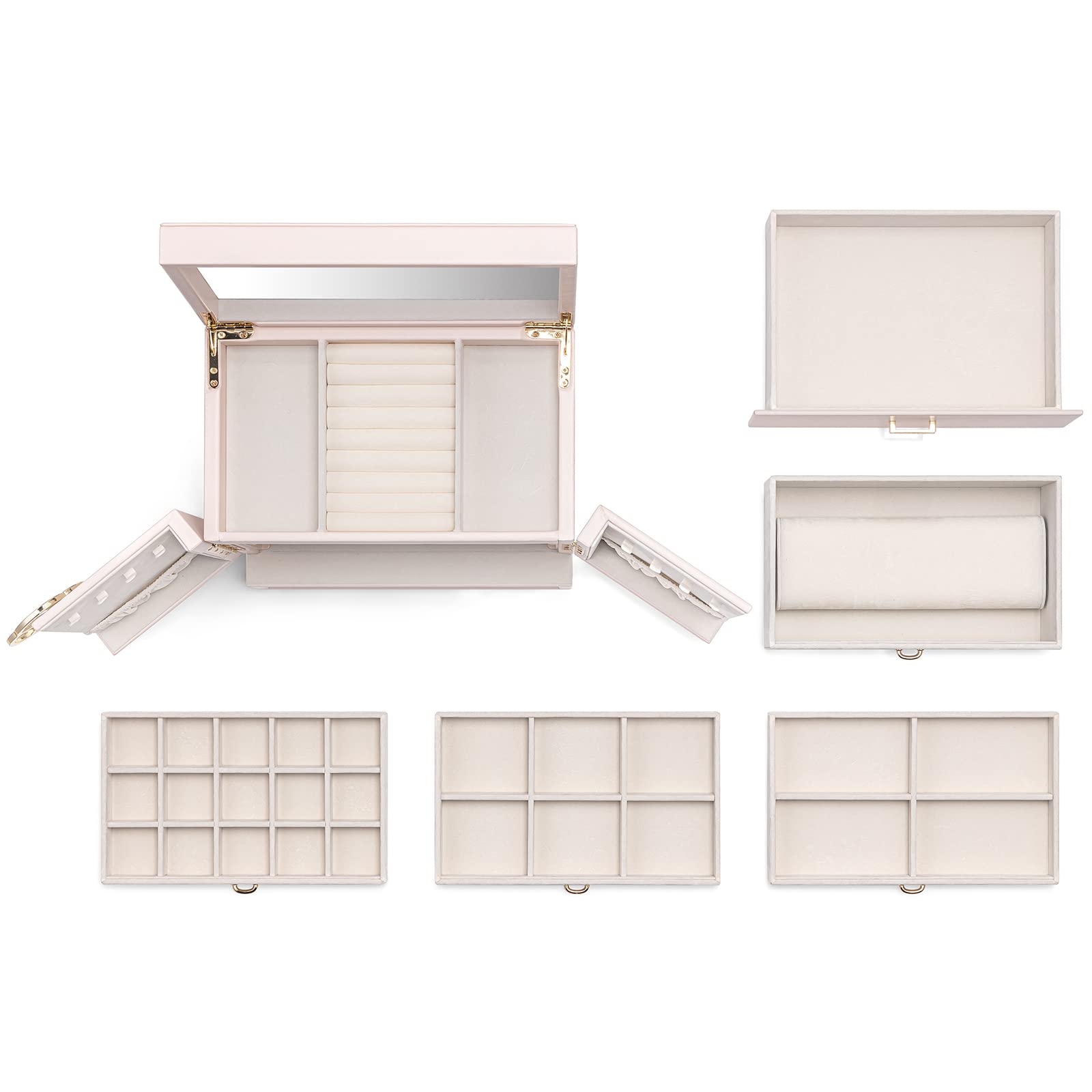 Vlando Large 6-Tier Jewelry Organizer Box with Mirror & 5 Drawers - Faux Leather Watch, Earrings, Necklace, Rings & Bracelet Storage Case - Perfect Gift for Women (Pearl White) - Ideal for Bedroom Vanity, Travel & Wedding Jewelry Organization