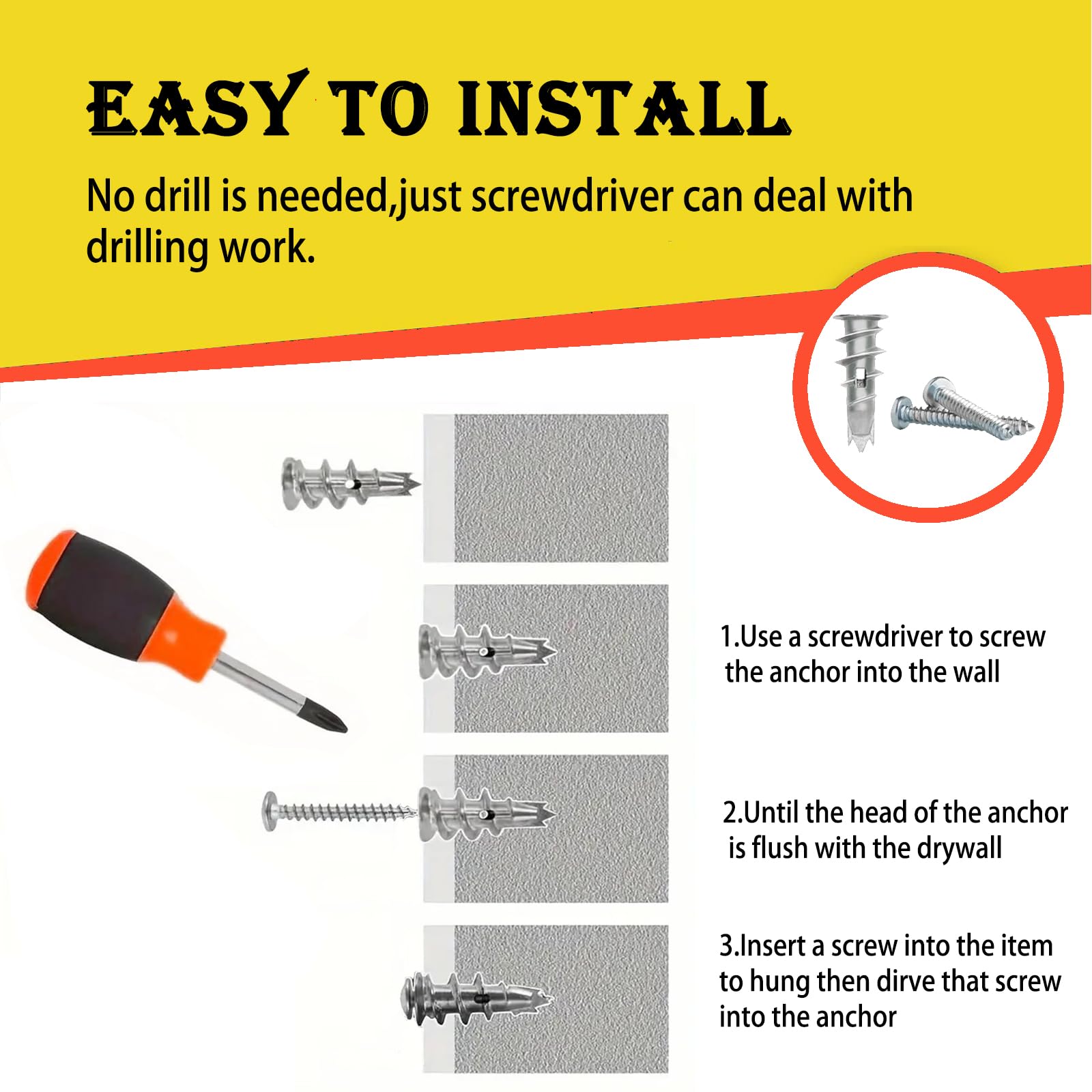 100PCS Zinc Self-Drilling Drywall Anchors Kit - 50 Heavy Duty Hollow Metal Wall Anchors with 50#6 x 1-1/4'' Screws - Perfect for Hanging Pictures, Shelves, and Home Decor on Sheetrock Walls