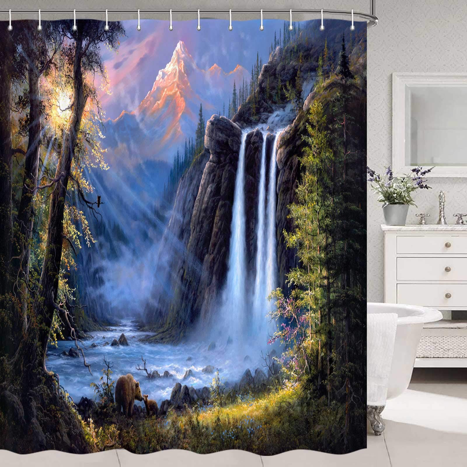 DYNH Bear Shower Curtain - Mother Bear and Cub Forest Design, Rustic Farmhouse Bathroom Decor with Included Fabric Hooks, 76x76 Inches - Perfect for Cabin, Nursery or Nature-Themed Bathrooms