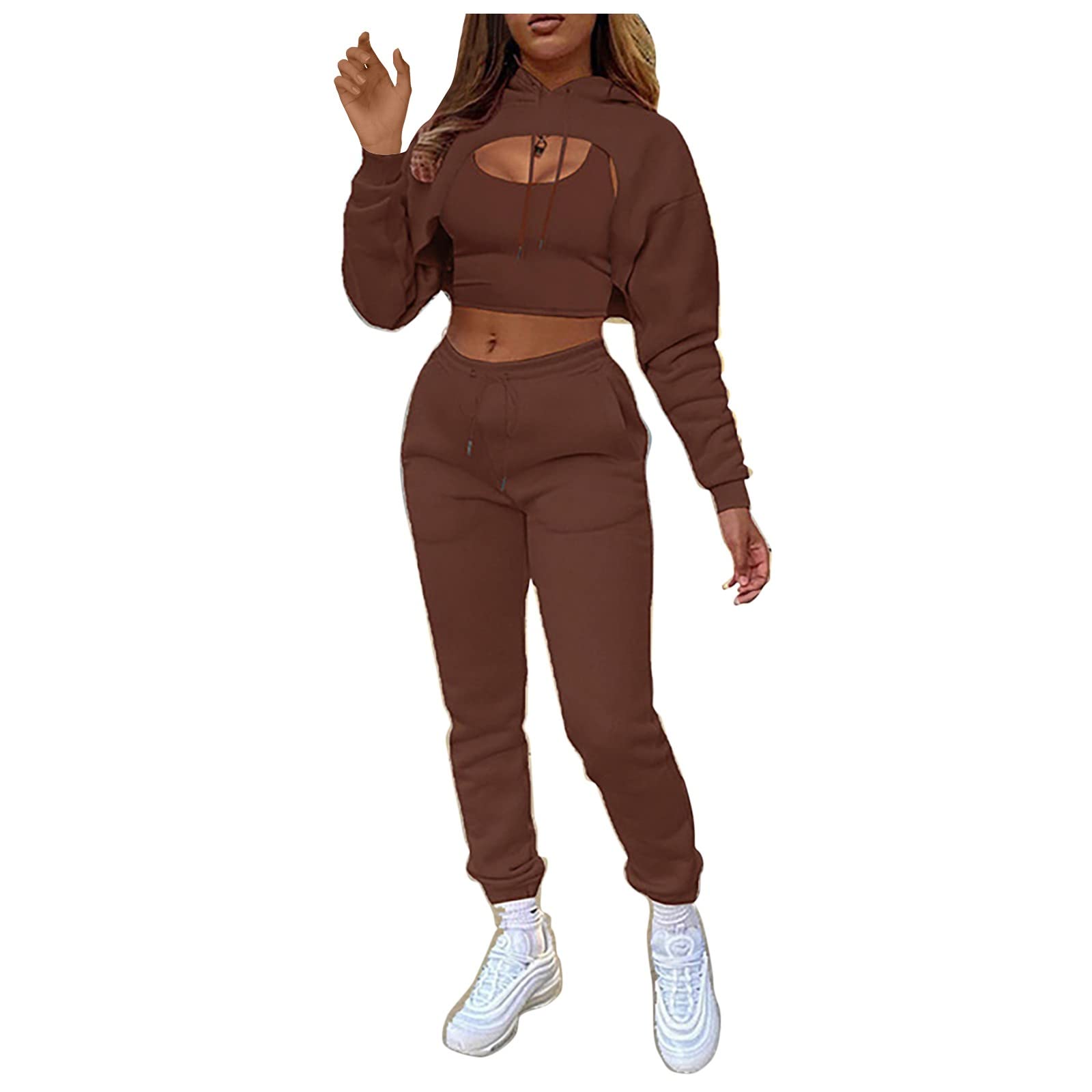 Women's Sexy 3-Piece Tracksuit Set - Super Crop Drawstring Hoodie with Tank Top & Jogger Pants | Solid Color Workout Outfit for Gym, Yoga & Lounge Wear